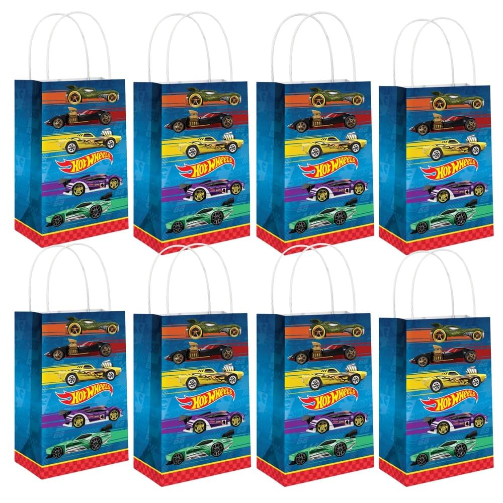 Vibrant Multicolor Hot Wheels Printed Paper Kraft Bags - 8.25" x 5" (Pack of 8) - Perfect for Parties, Gifts & Goodies