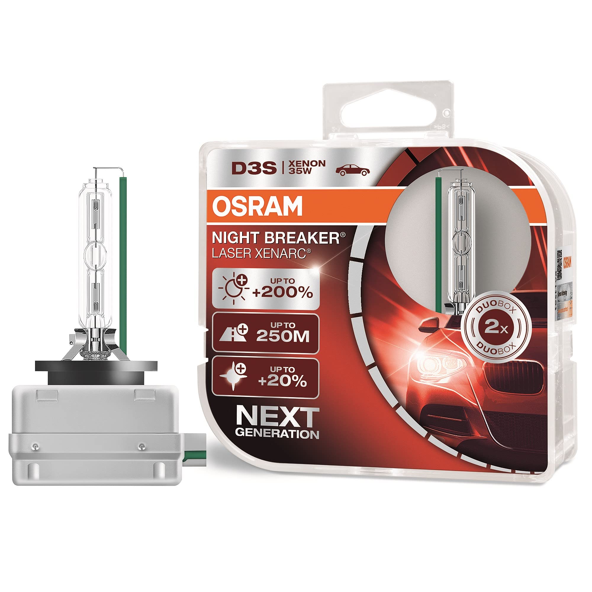 OSRAM XENARC® NIGHT BREAKER® LASER, D3S, xenon headlight lamp, +200% More Brightness, Hid Xenon Bulb, Discharge Lamp, 66340Xnl, Duopack (2 lamps)
