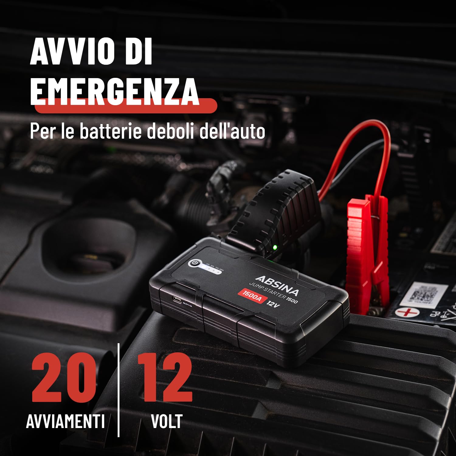 ABSINA Starter Batteria Auto 1500A | Booster Avviamento Auto 12V adatto per 6L Benzina & 4L Diesel - Avviatore emergenza con 2 Porte USB & Torcia x, jump starter