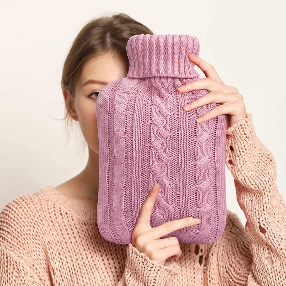 2 Liter Classic Transparent Hot Water Bottle with Knit Cover - Cramp Relief, Pain Management, and Cozy Nights - Water Heating Pad for Adults