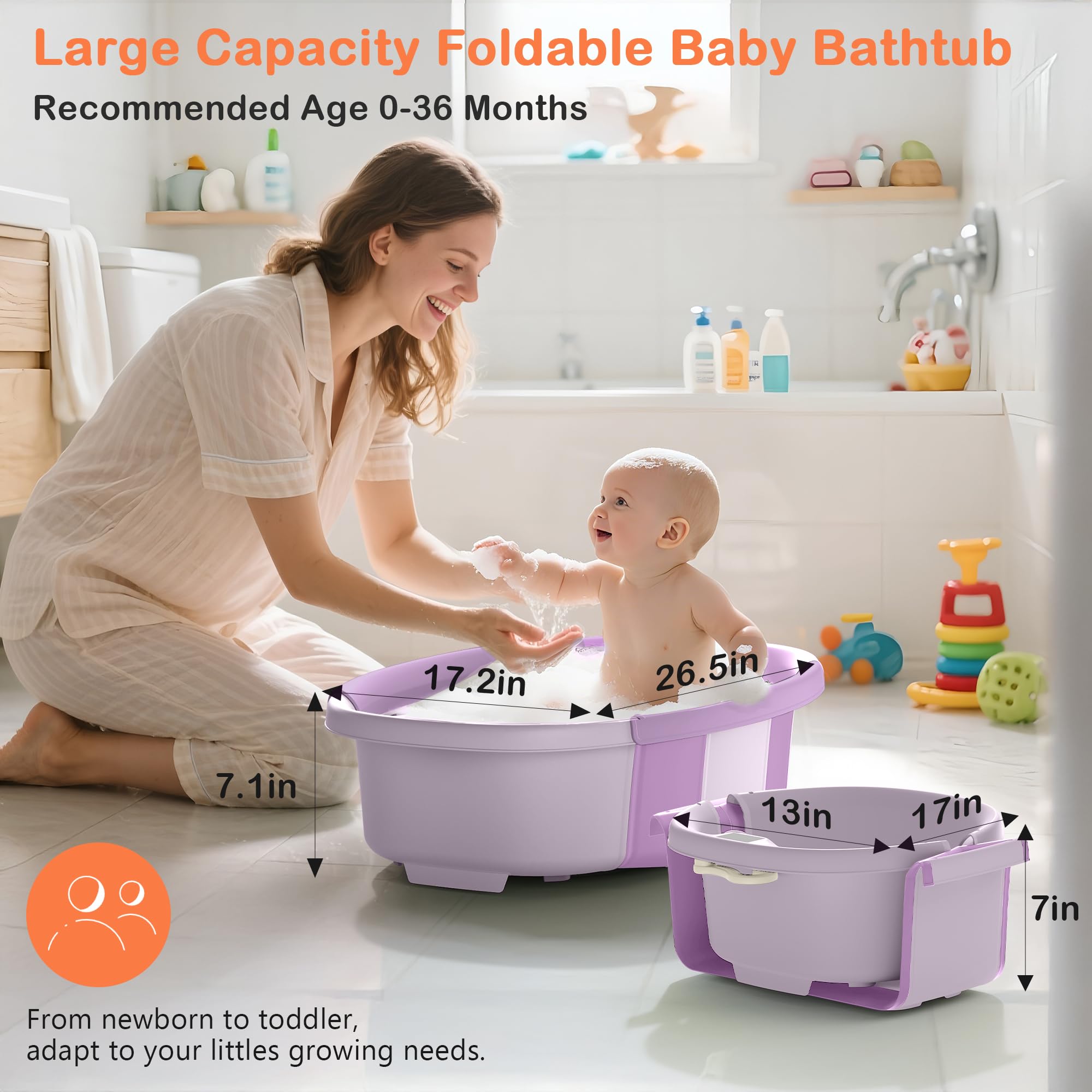 Bañera plegable para bebé, bañera grande con termómetro y cojín, bañera portátil de viaje para recién nacidos, bañera plegable para bebés de 0 a 36 meses (morado)