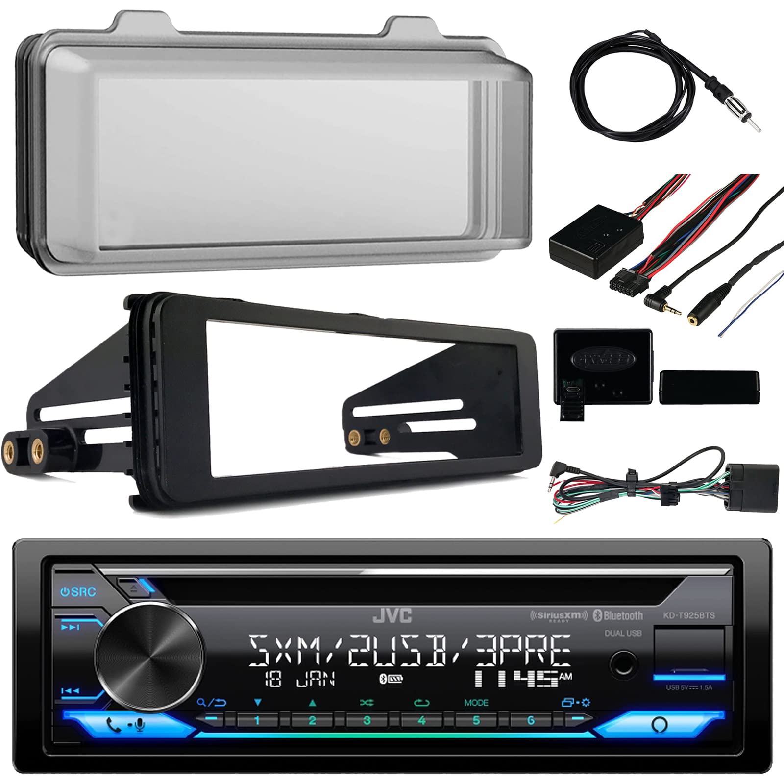 Single DIN Bluetooth CD Player USB AUX AM/FM Radio Receiver W/Cover - Bundle with Install Dash Kit + Handle Bar Control + Wired Antenna for 98 2013 Touring FLHT FLHX FLHTC Motorcycle Bike