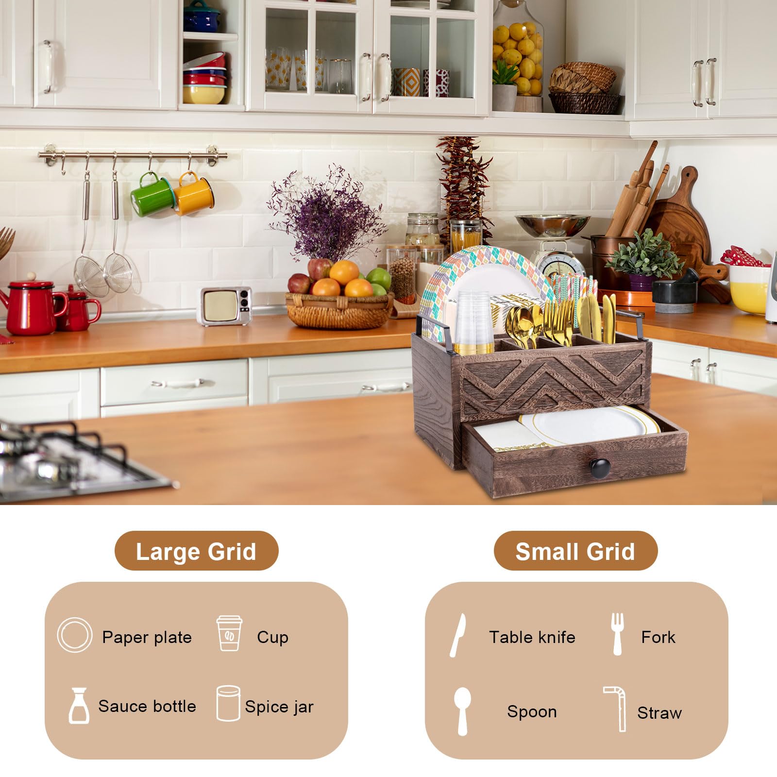 Dispensador de platos de papel con cajón, organizador de encimera de cocina de madera rústica para tazas, cucharas, tenedores, platos, servilletas y cubiertos (marrón)