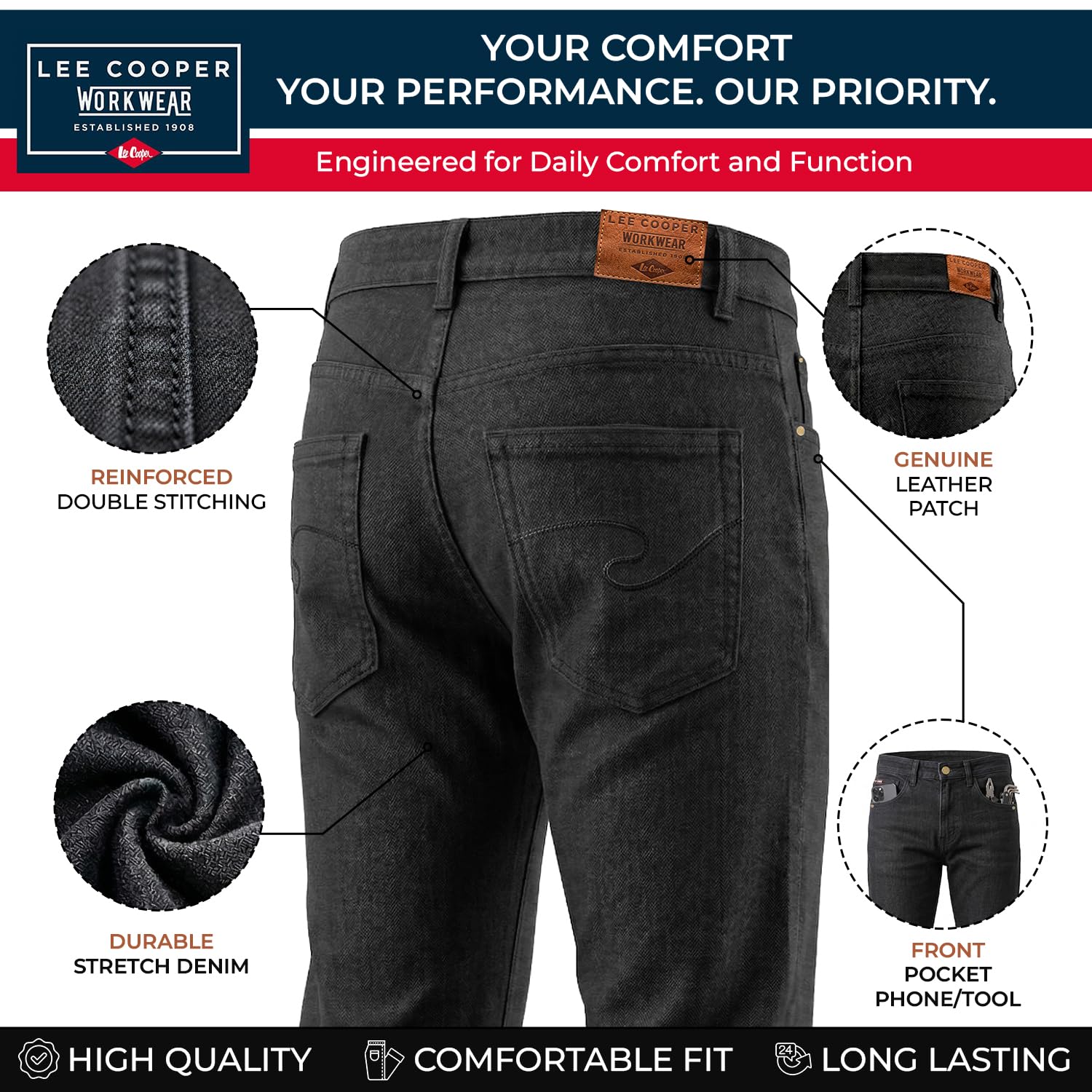 Lee Cooper Vaqueros Hombre Regular Fit – Pantalón Denim 5 Bolsillos, Jeans Stretch con Cremallera y Trabillas, Workwear Resistente Corte Recto Casual