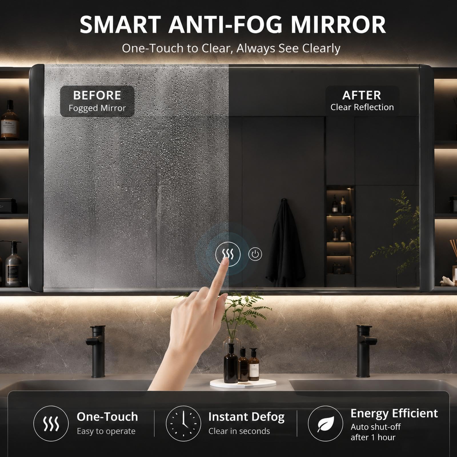 Tocador de baño doble de 60 pulgadas, diseño flotante moderno, espejo de desempañamiento inteligente, amplio almacenamiento, doble fregadero, encimera de piedra fácil de limpiar para baños elegantes