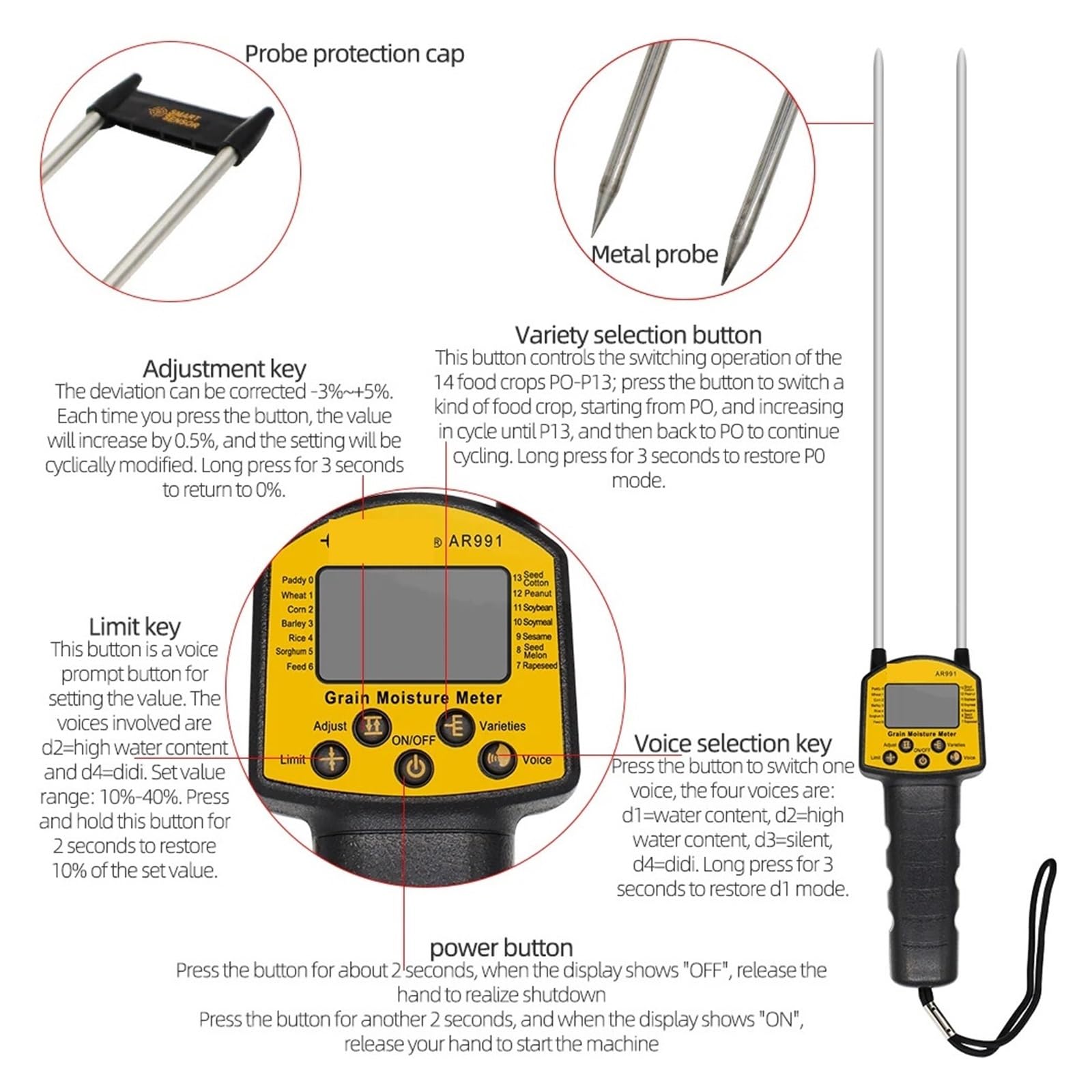 Medidor de Humedad de Grano, higrómetro, medidor de Humedad Digital for maíz, Trigo, arroz, Frijoles, harina de Trigo, forraje y Semillas de Colza Medición precisa y exacta