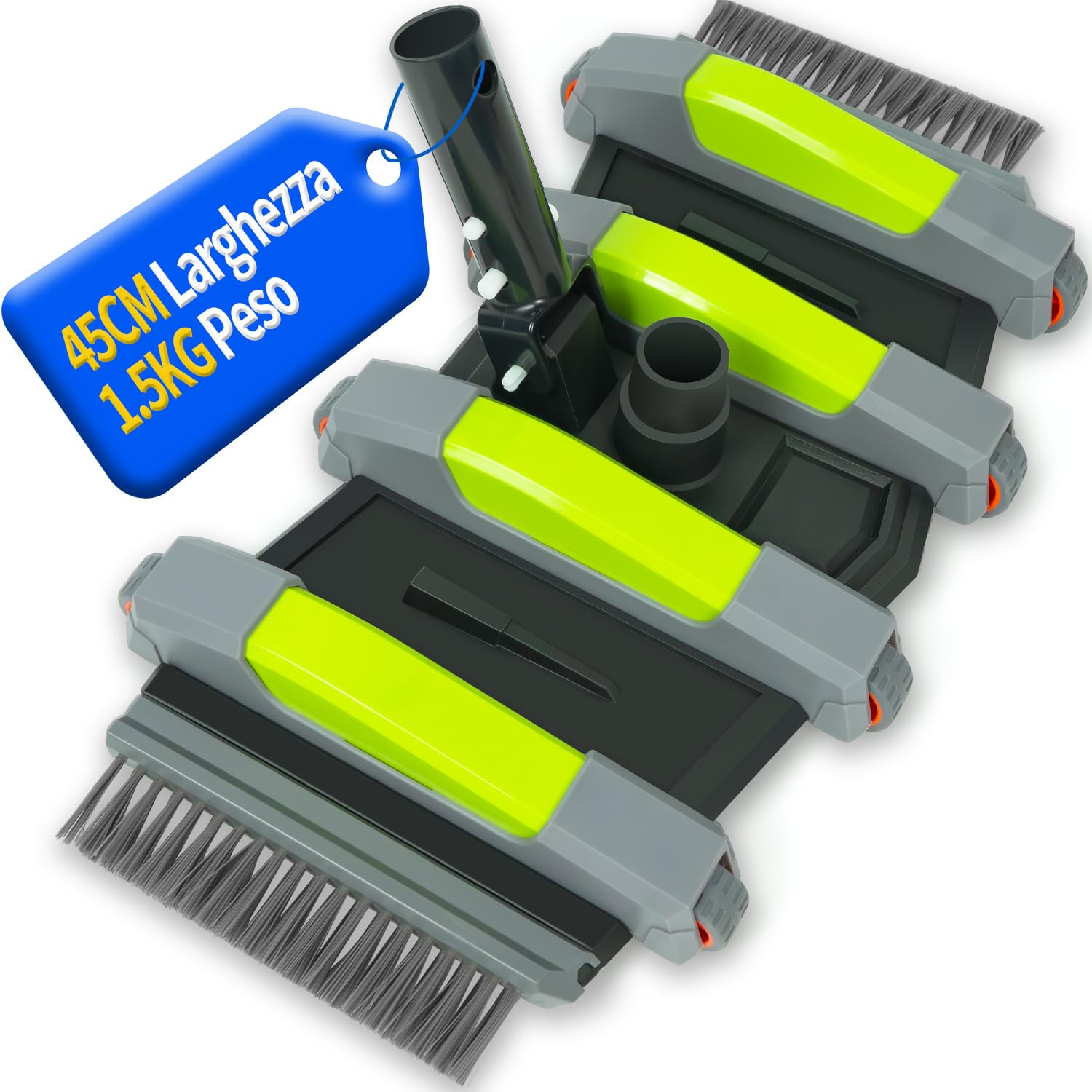 Spazzola Aspirafango Piscina 45 cm con Ruote, Spazzola Aspiratore Piscina con Attacco Aspirazione, Spazzola Fondo Piscina Flessibile con Spazzole Laterali, Compatibile con Tubi 3.2 cm e 3.8 cm