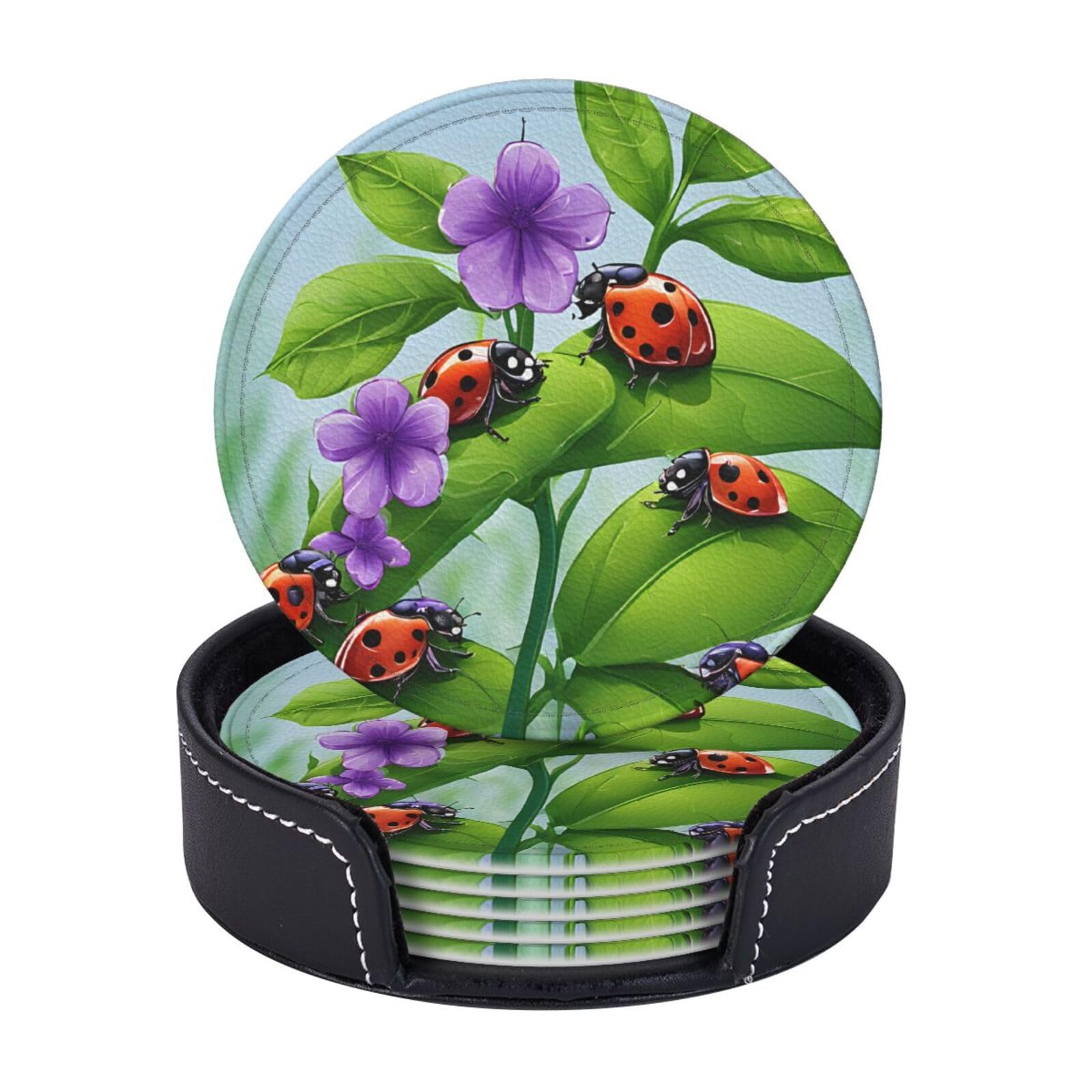 Coasters Set of 6 Microfiber PU leather Coasters with Holders for Drinks Coffee Bar Accessories, House Apartment Coffee Table Decor, Housewarming Gifts - Ladybug