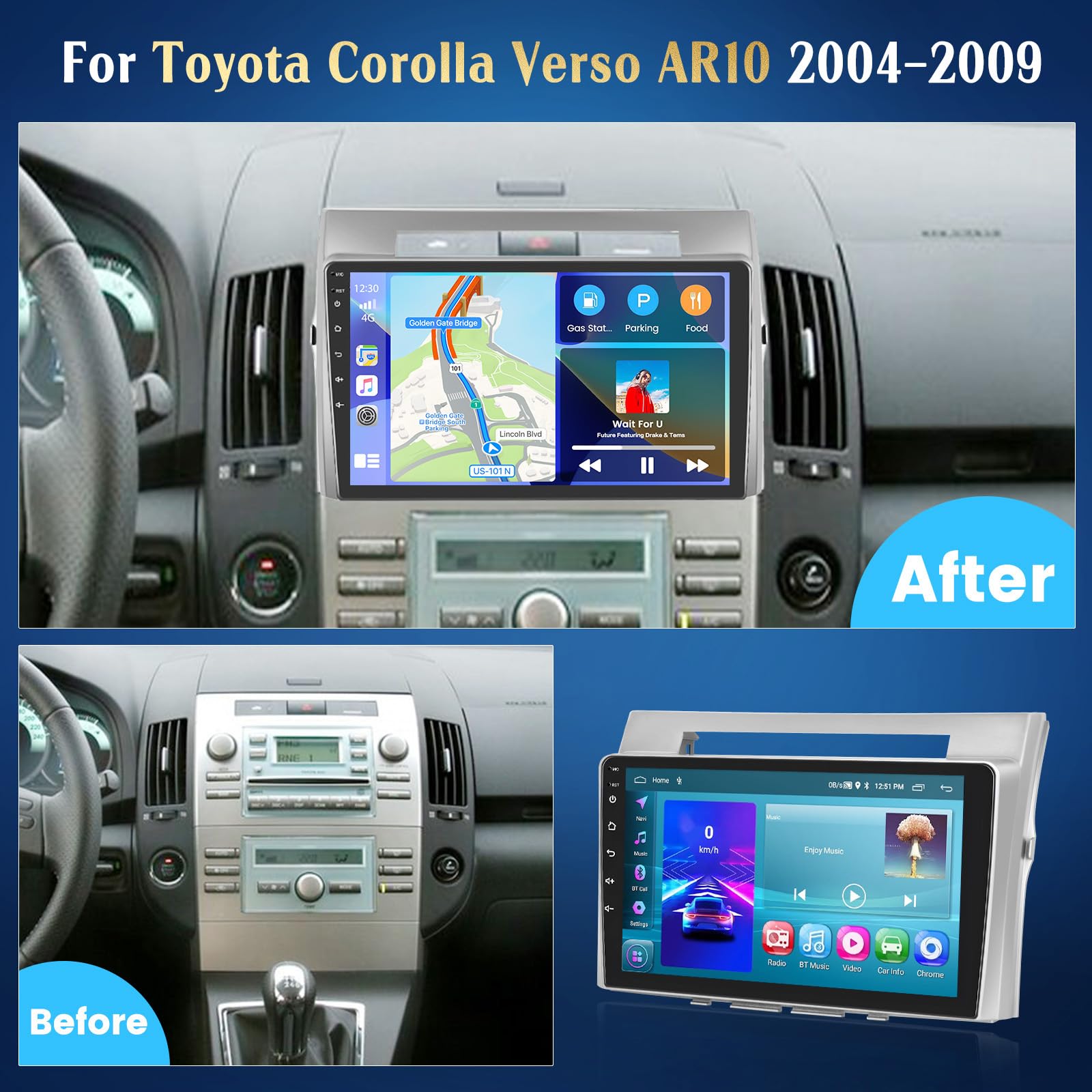 Hikity 2+64GB Android Radio Coche Wireless Carplay para Toyota Corolla Verso AR10 2004-2009, Pantalla Táctil de 9 Pulgadas Autoradio Bluetooth GPS FM/RDS Dab+ Cámara Trasera