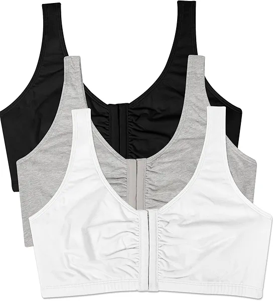Fruit of the Loom Women's Front Close Builtup Sports Bra, Black/White/Heather Grey 3-Pack, 34