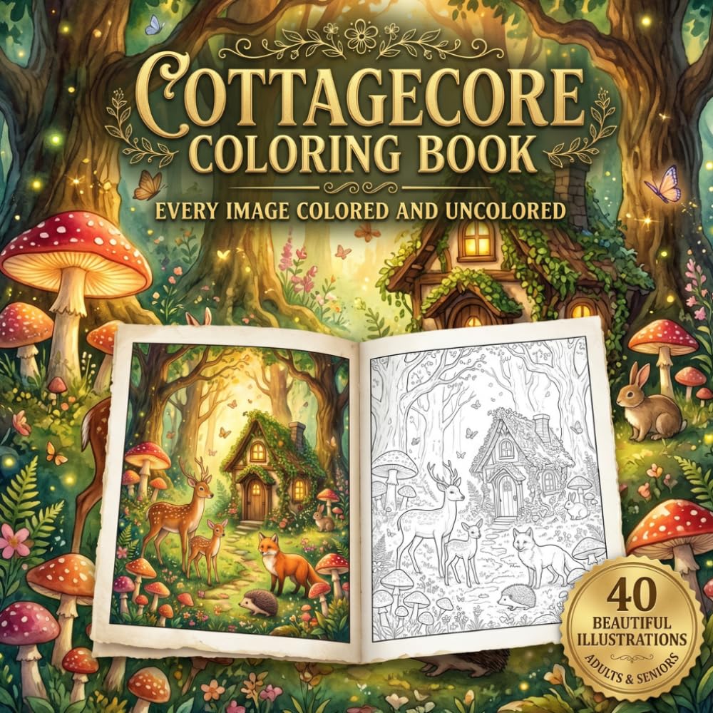 Cottagecore Coloring Book: 40 Bold and Easy Magical Forest Illustrations with Colored Reference Pages for Adults and Seniors — Mushrooms, Wildflowers, Woodland Animals and Cozy Cottage Scenes