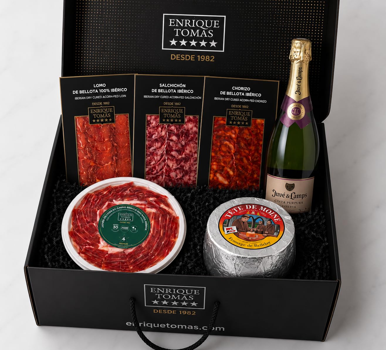 ENRIQUE TOMÁS - Pack Disfrutar Selección: 1 plato de Jamón de Cebo de Campo 50% raza ibérica + Lomo + Salchichón + Chorizo de Bellota + Queso Tête de Moine y Cava Juvé & Camps