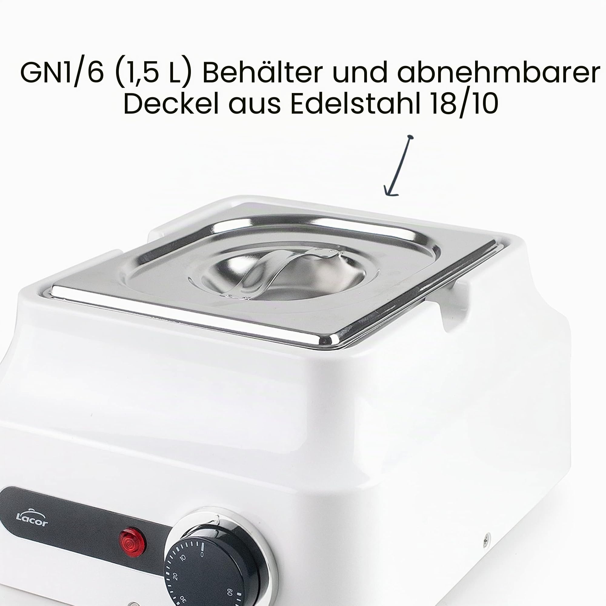 LACOR 69617 Schokoladenbad aus Edelstahl 18/10, Schmelzen von Schokolade, ideal zum Backen, ABS-Kunststoff, Thermostat 0-60°C, 3D-Erwärmung, GN 1/6, 22, 5 x 26 x 14, cm, weiß, Stahl