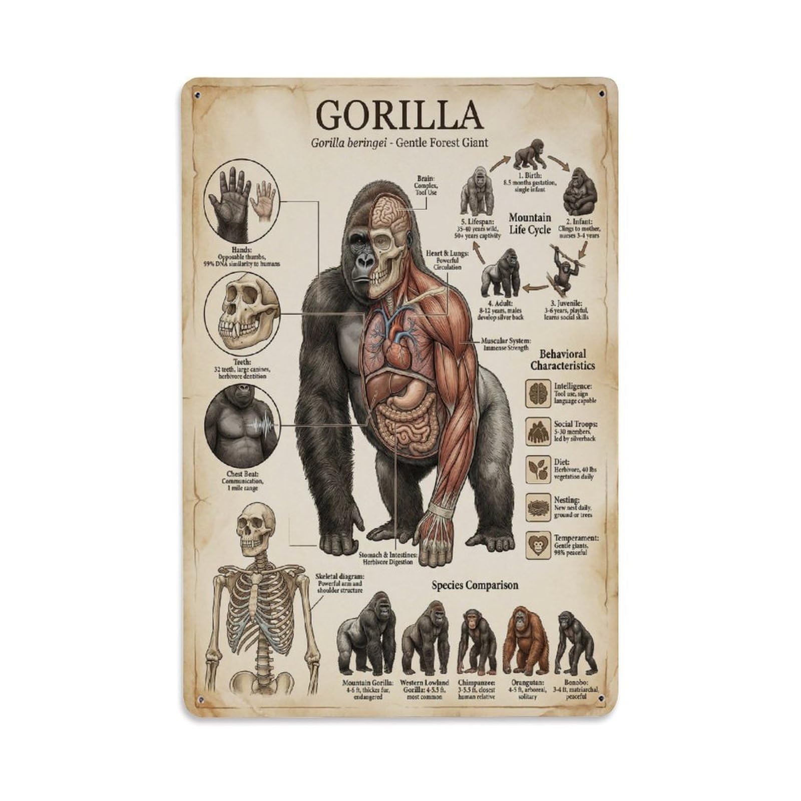 Kids Animal Educational Nature Wildlife Biology Guide Gorilla Metal Tin Sign Plaque Wall Decor for Cafe, Man Cave, Club Bar, Office, Home Garden Round Metal Poster 8x12Inch