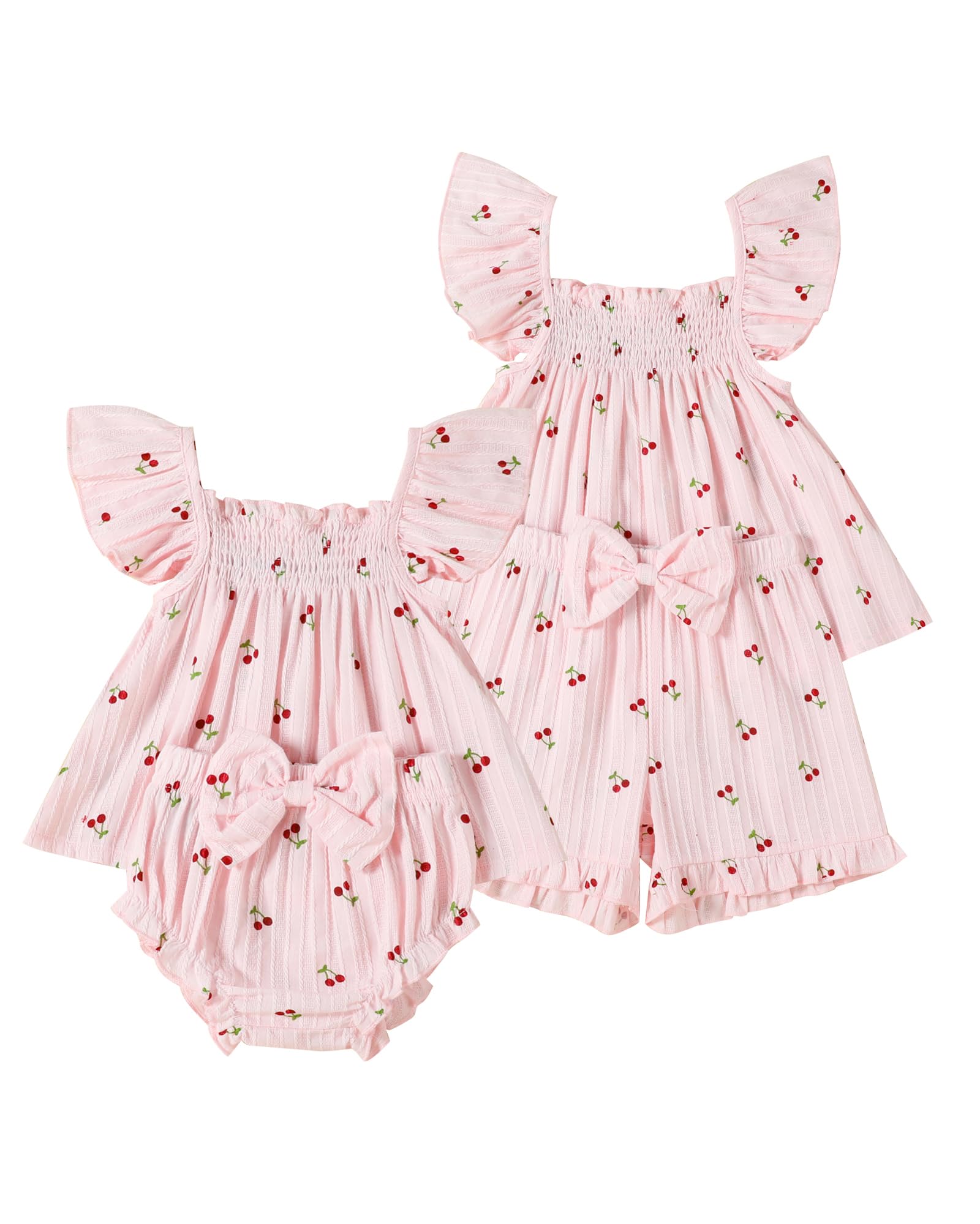 FAMIHAO Sister Matching Outfits Toddler Baby Girl Summer Clothes Ruffle Tops with Bow Bloomers Shorts Set - 2