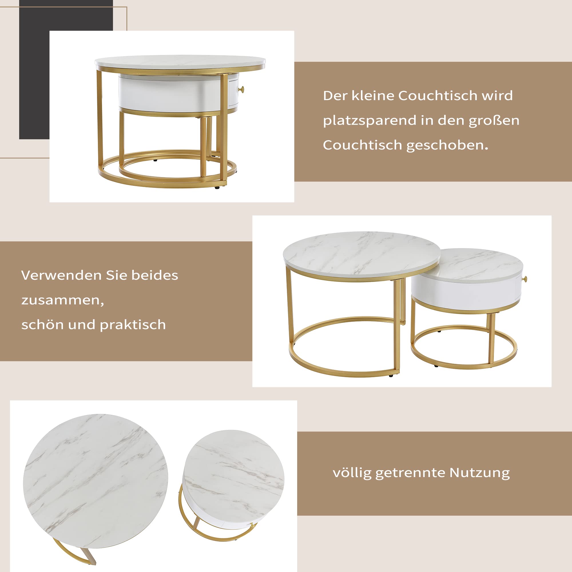 ZXFDM Tavolino da caffè Nesting Set di 2, Mobili Tavolino Rotondo da caffè Piano in Finto Marmo