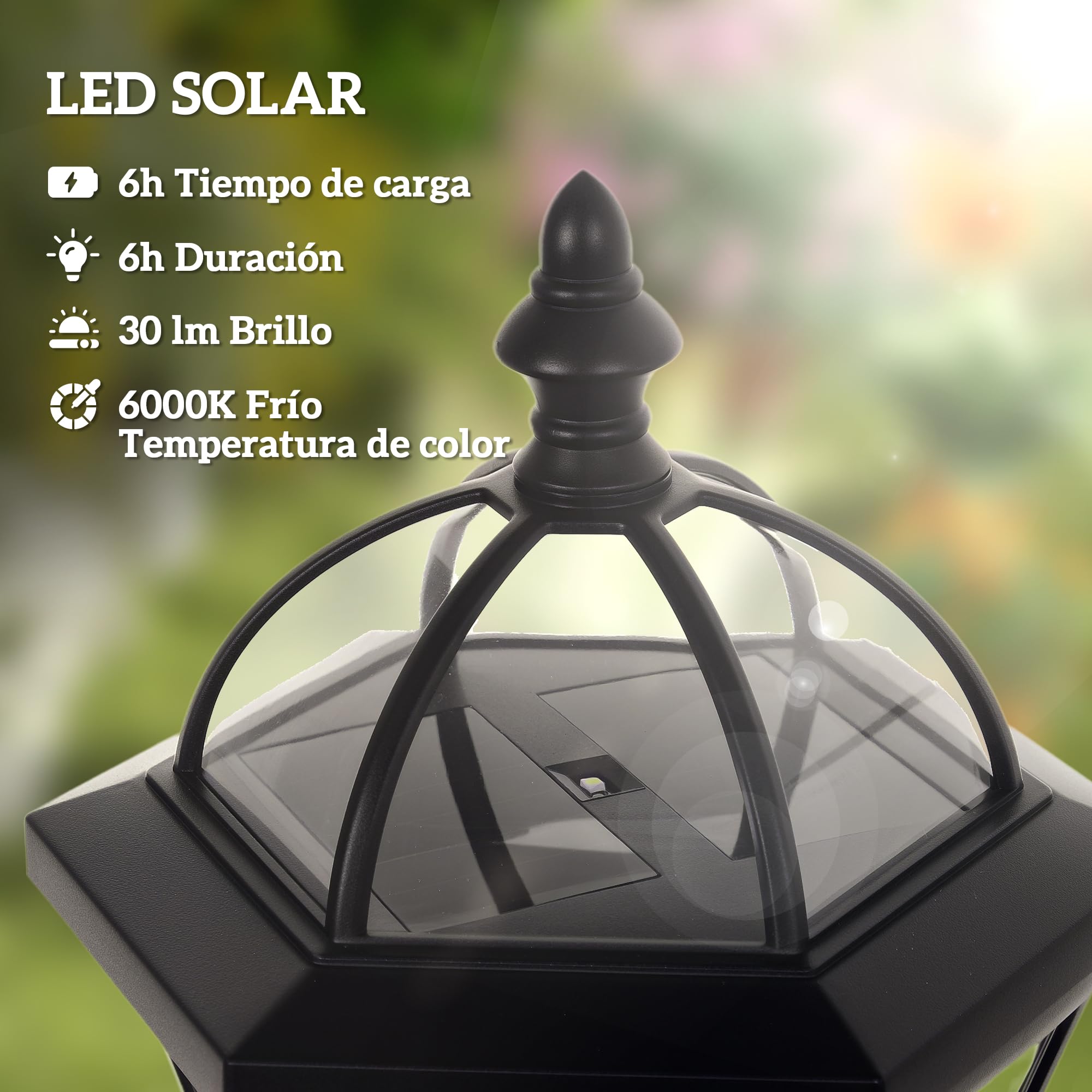 Outsunny 2 Farolas Solares de Jardín con 2 Luces LED Blanca Impermeable IP44 Apagado Automático Set de 2 Farolas de Exterior para Camino Terraza Patio 18,5x18,5x129 cm Negro