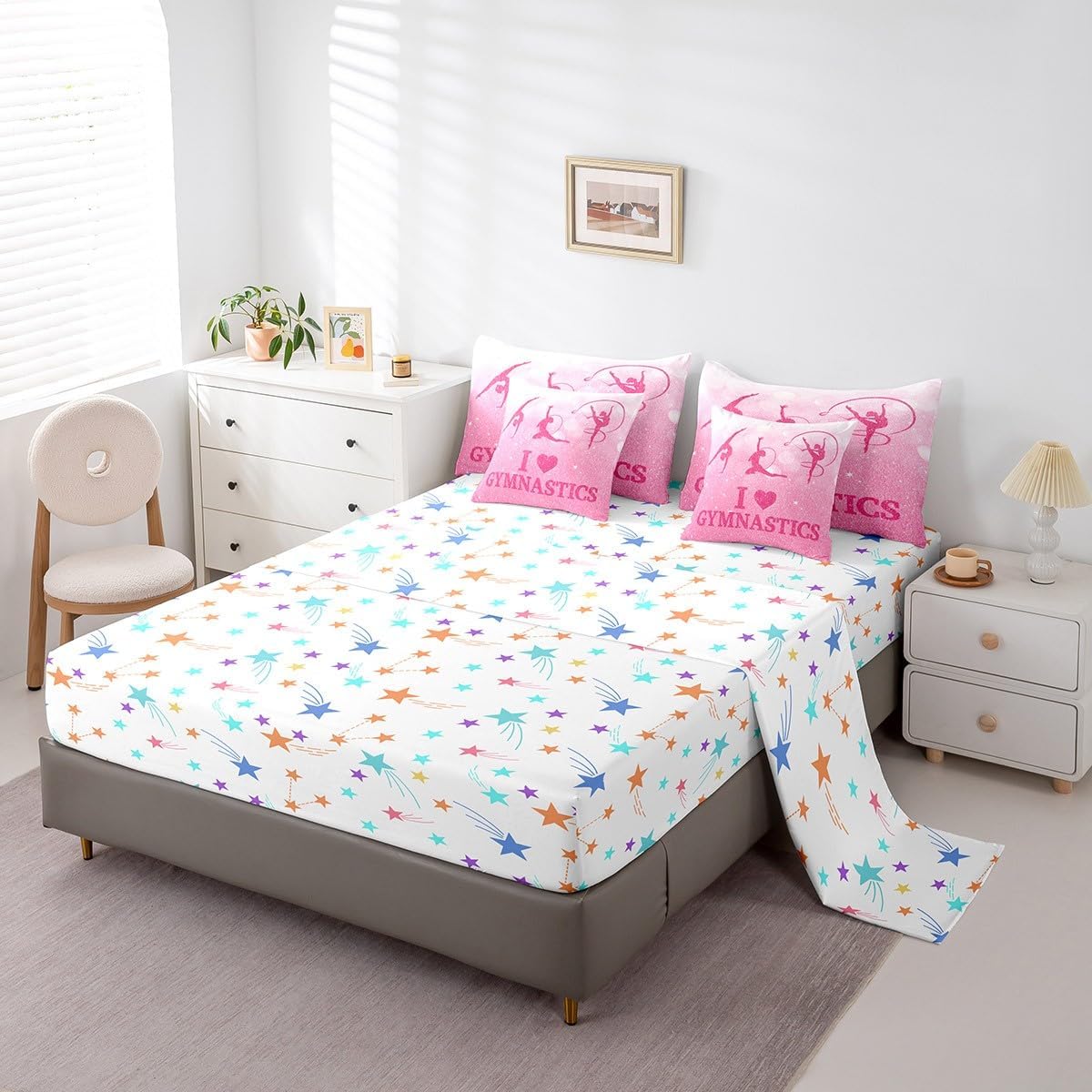 Gymnastics Lovers Bed in a Bag Comforter Set,Gymnast Beauty Silhouette Full Size 7 Pieces for Kids Girls,Pink Glittering Print Bedding Set with Comforter, Sheet Set, Pillowcases, Pillow Covers