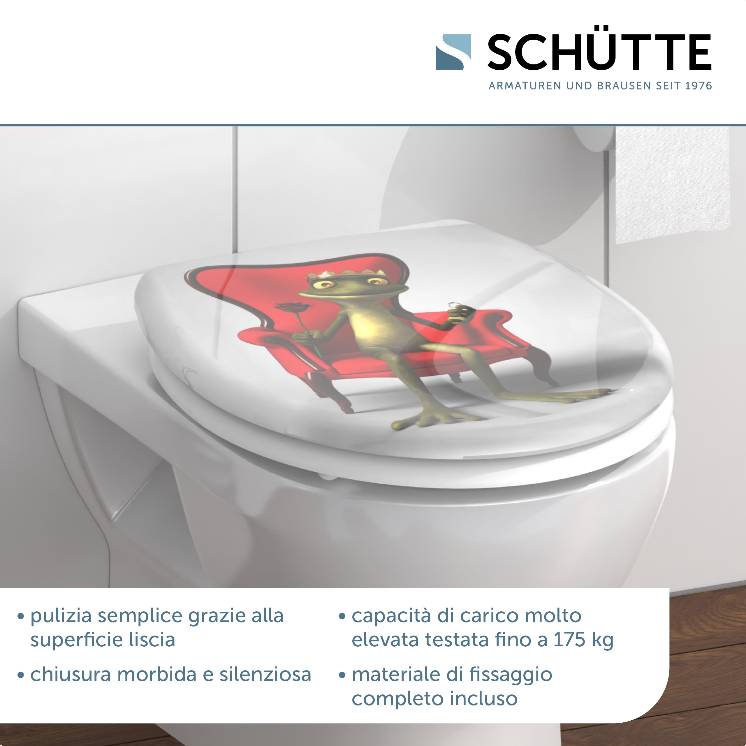 SCHÜTTE 82190 - Sedile WC in Duroplast FROG KING con abbassamento automatico