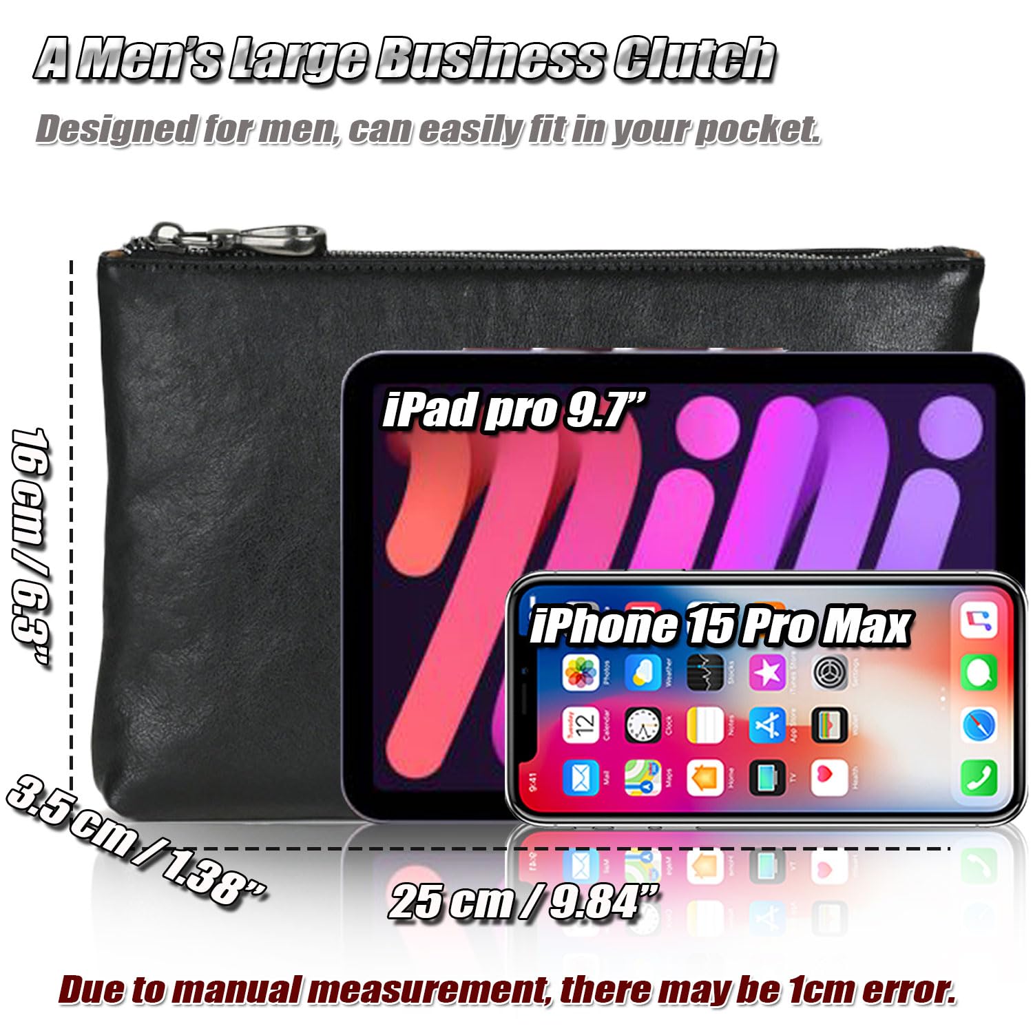 Bolso de Mano de Cuero de Curtido Vegetal para Hombre, Cartera de Mano Lujo, Bolso de Negocios Multiusos, Bolsos Grande, Clutch Tablet 9.7 Pulgadas