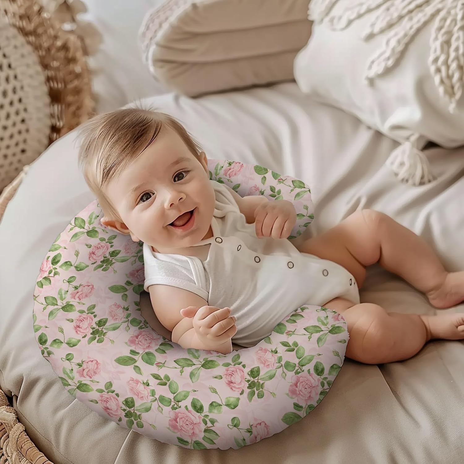 Watercolor Roses Flowers Floral Leaves Pattern Nursing Pillow Cover, Unisex Removable Breastfeeding Pillowcase Slipcover for Baby Girls Boys Newborns Toddlers, Cover Only