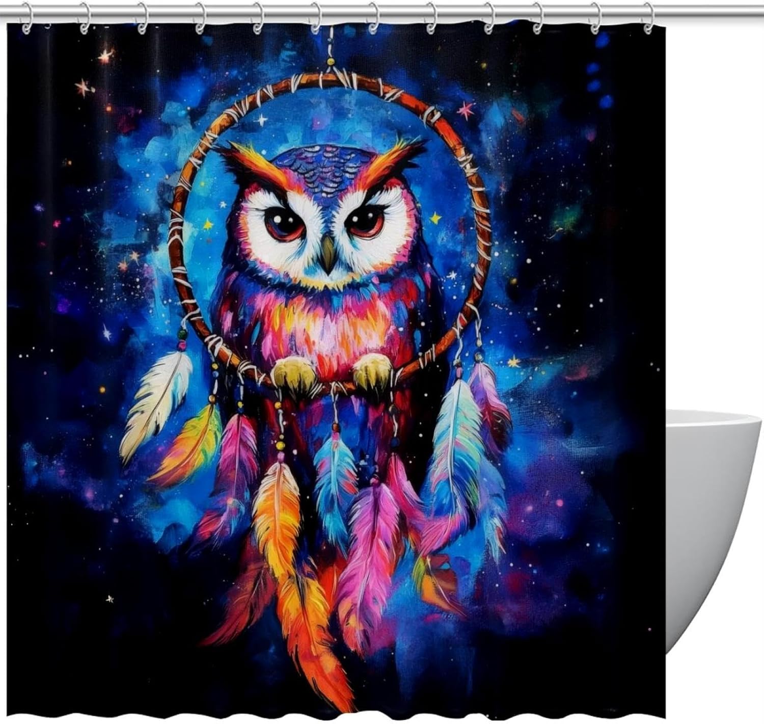 48 x 72 in Owl Dream Catcher Galaxy Shower Curtain, Art Decor Waterproof Cute Lightweight Shower Curtains with Hooks for Bathroom