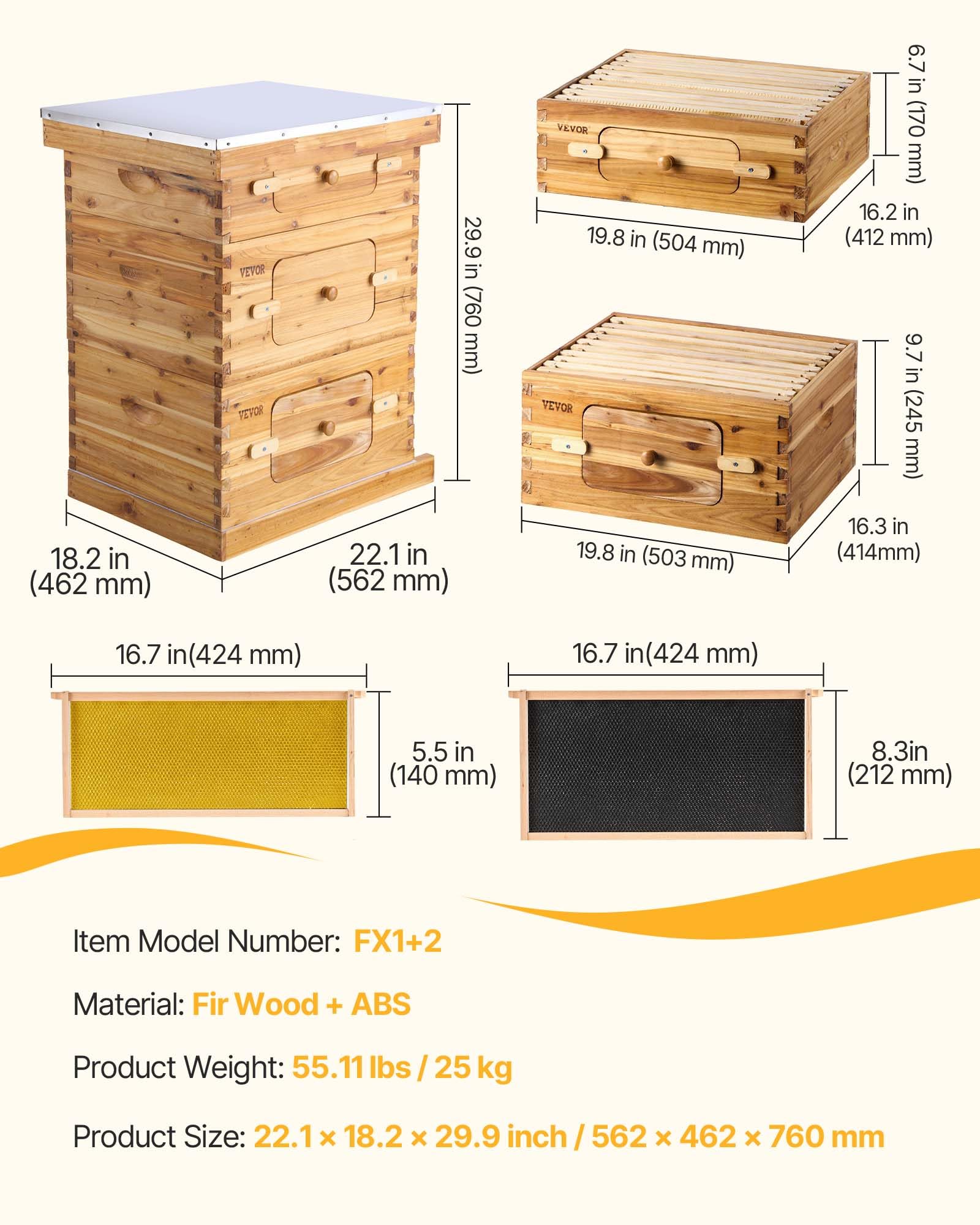 VEVOR Colmenas con 30 Marcos Madera de Cedro Recubierta de Cera de Abejas 2 Cajas de Abejas Profundas y 1 Mediana con Ventanas Acrílicas Transparentes para Apicultores Principiantes y Profesionales