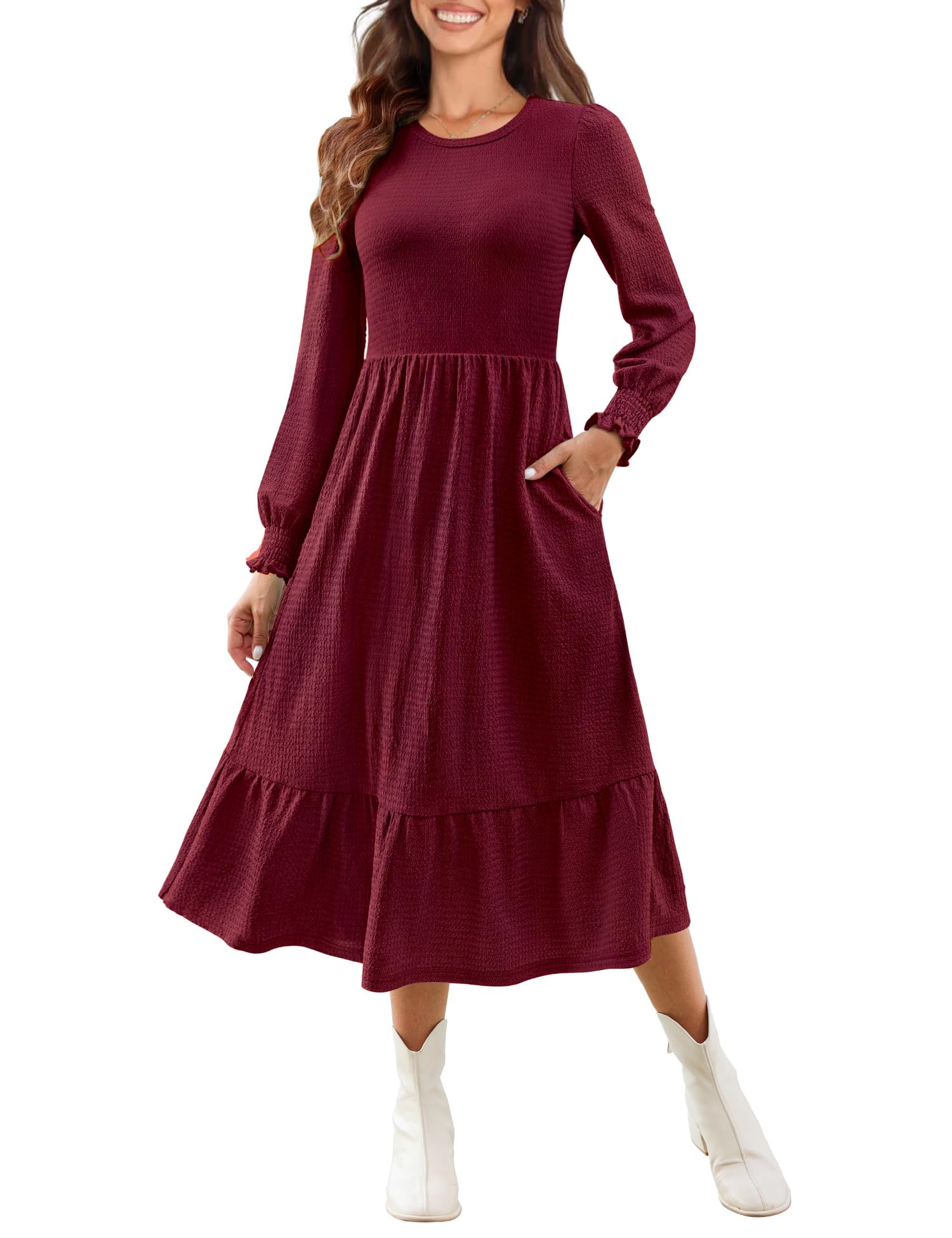 Kranda Women 2025 Fall Spring Long Sleeve Crewneck Causal Flowy Pleated Tiered A-Line Wedding Party Midi Dresses with Pockets