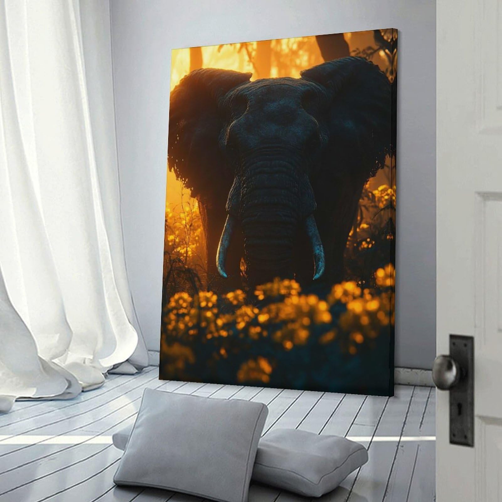 Junmoney Decorative Wall Artwork Elephant in Golden Light, 24x36inch(60x90cm), for Lounge, Bedroom Or Personal Spaces, Gift Idea for Housewarming And Birthdays