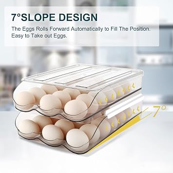 MesRosa Egg Holder for Fridge, Automatic Rolling Container Storage 18 Eggs | Clear Large Capacity Egg Organizer for Refrigerator with Lid, Stackable Dispenser, Tray & Bin, Saving Space -1 Layer