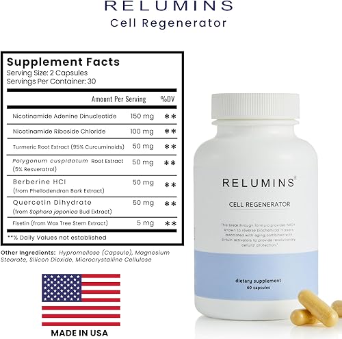 Vista 7 de Relumins Suplemento NAD+ con ribósido de nicotinamida, resveratrol, quercetina, fisetina y curcumina Suplemento de apoyo de energía celular 60