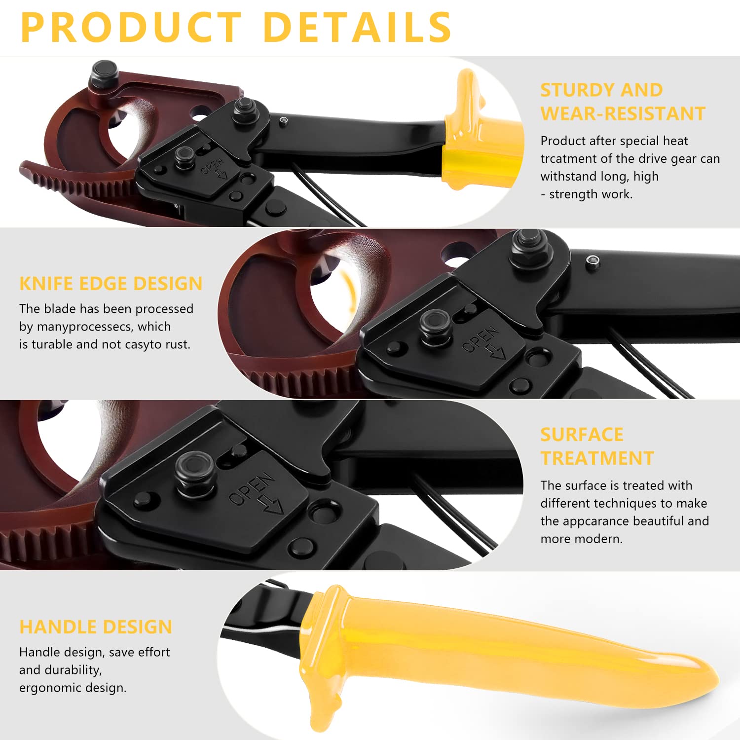 FT-325 - Tagliacavi a cricchetto, strumento resistente per alluminio, rame e fili elettrici fino a 240 mm quadrati (giallo)