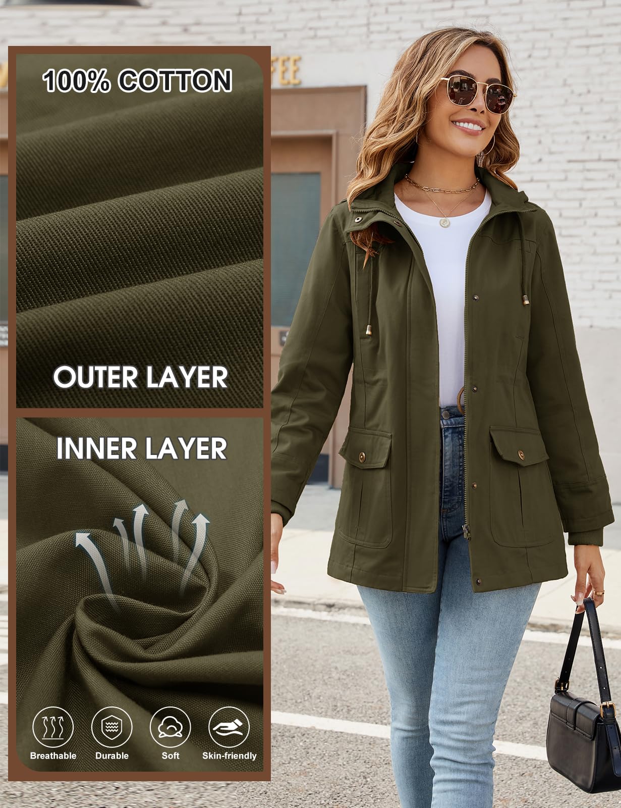 Tuopuda Veste Femme mi Saison Parka en Coton Blouson avec Capuche Décontracté Manteau Printemps Veste Militaire Zipper Jacket Coat Classique Automne Hiver Outwear