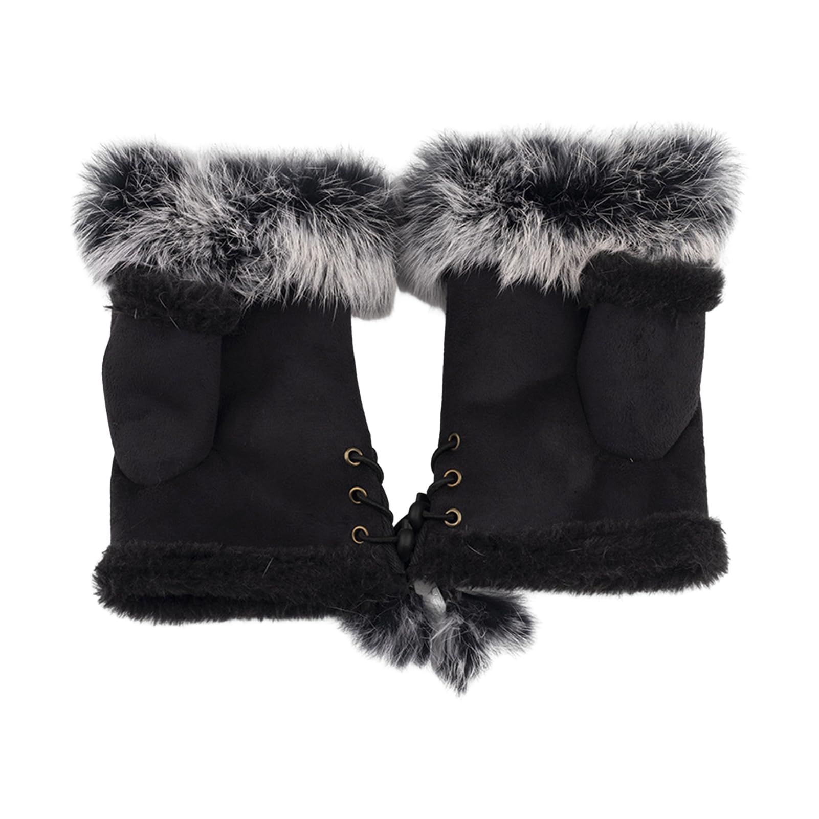 pofluany 1 Pair Women Winter Mittens Adjustable Drawstring Thick Plush Faux Fur Windproof Anti-slip Student Writing Gloves Keep Warm Fingerless Typing Mittens Black