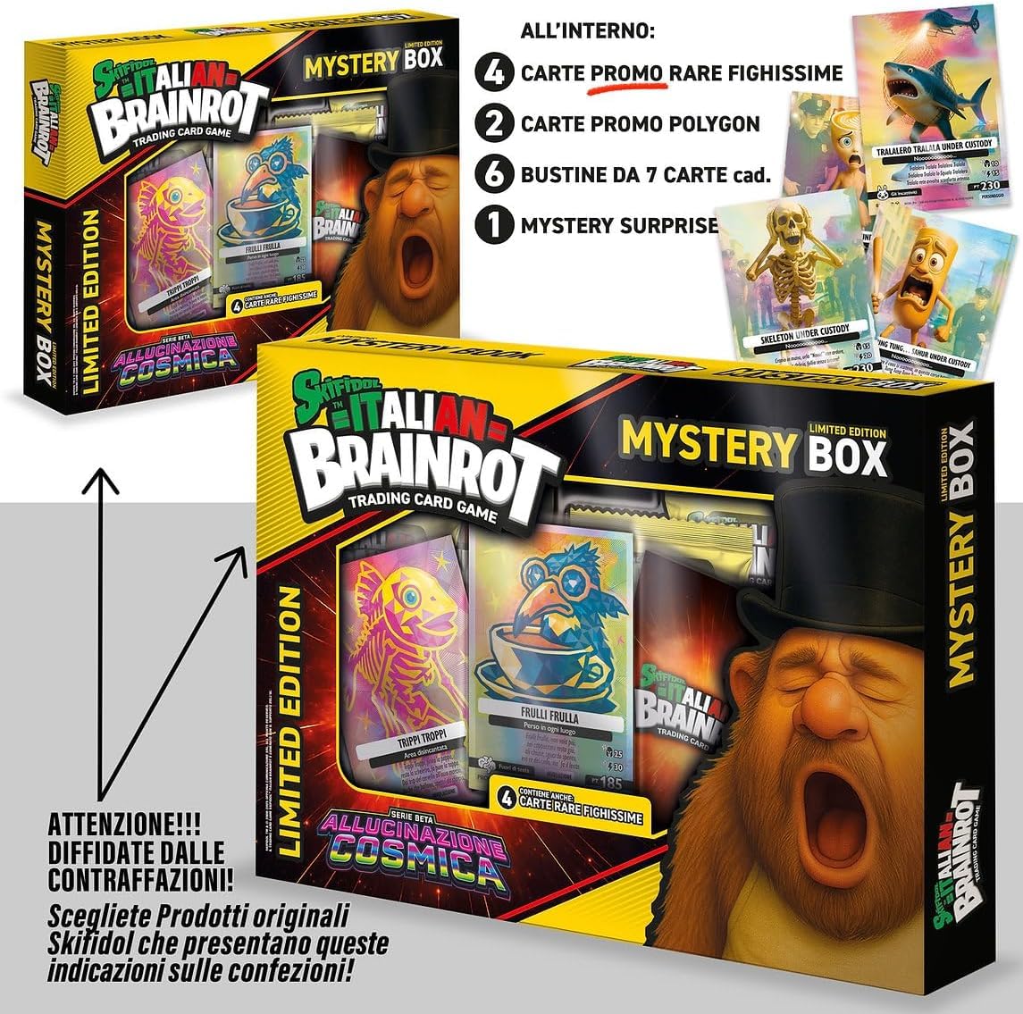 Generico Skifidol Italian Brainrot Mystery Box kosmiczne halucynacje, edycja limitowana, 4 rzadkie karty promocyjne, 2 wielokąty, 6 saszetek po 7 kart - 42 karty
