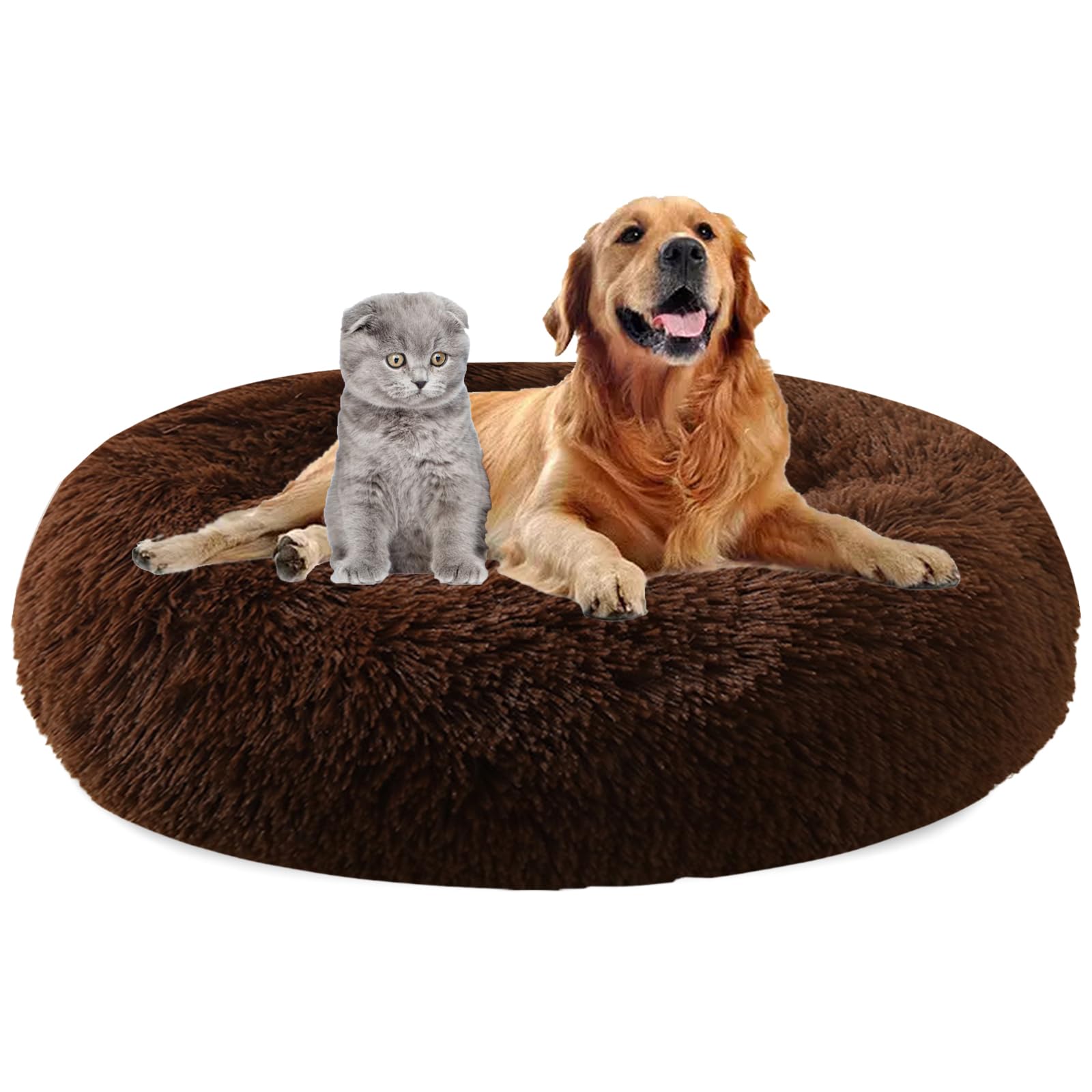 MAIFENGL Calming Dog Bed Plush Donut Pet Bed, Fluffy Washable Non-Slip Plush Cuddler Warming Round Dog Cat Bed- Coffee|| Ø120cm/47in