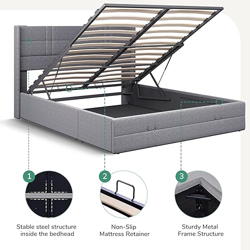 Miniatura 9 de Novilla Cama de almacenamiento elevada tamaño Queen, marco de cama tapizado con almacenamiento, no necesita somier, soporte de listones de madera,