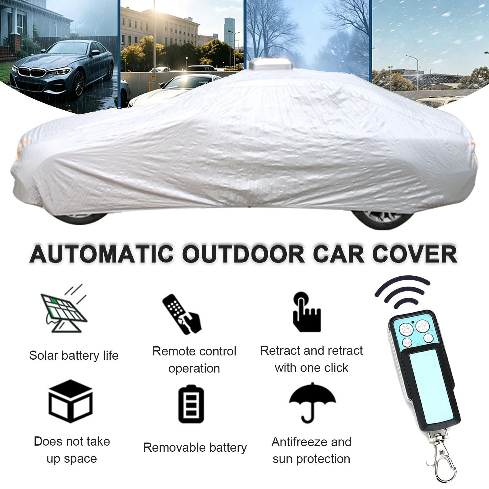 Funda Inteligente e Impermeable para Coche, con Carga Solar y Control Remoto, Resistente al Viento y a la Nieve, Cobertura Total, para Uso en Interiores y Exteriores Silver-2L