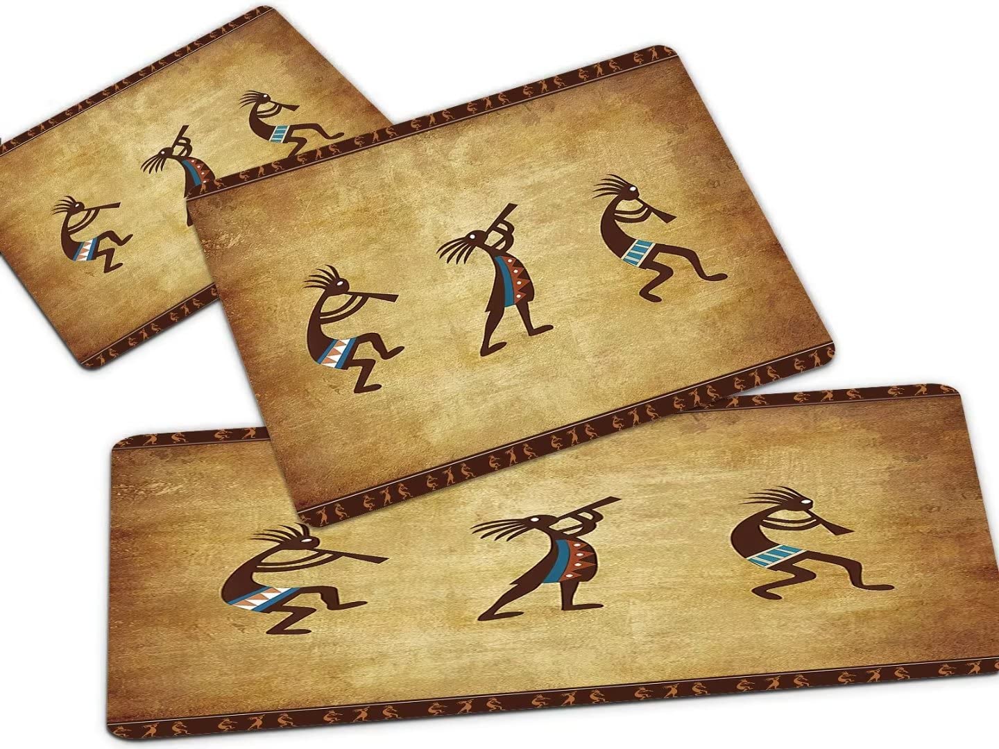 Rustic Southwestern Kitchen Rug Sets 3 Piece Southwest Kokopelli Native American Indian Runner Rugs Washable Retro Farmhouse Ethnic Doormat Anti Fatigue Non-Slip Bedroom Floor Mats Area Carpet,Golden