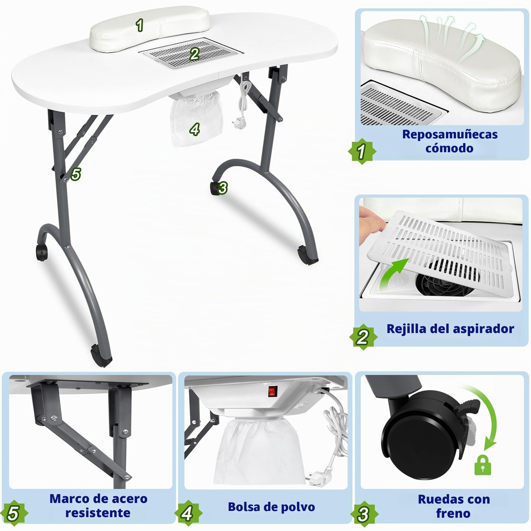 Froadp Mesa de Manicura Plegable Con Aspiradora, Móvil de Estudio Con Ruedas, Cojín para Manos, Cajón y Bolsa de Almacenamiento para Salón de Belleza (Blanco)