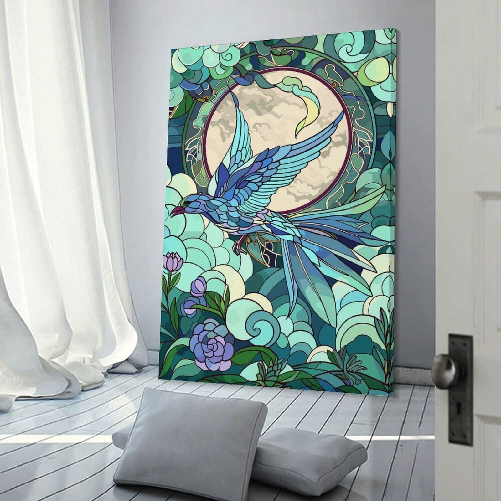 Junmoney Blue Bird Flying in Front of Moon Hanging Wall Art 16x24inch(40x60cm), for New Homes, Bedrooms Or Workspaces, Thoughtful Wall Decor for Art Lovers