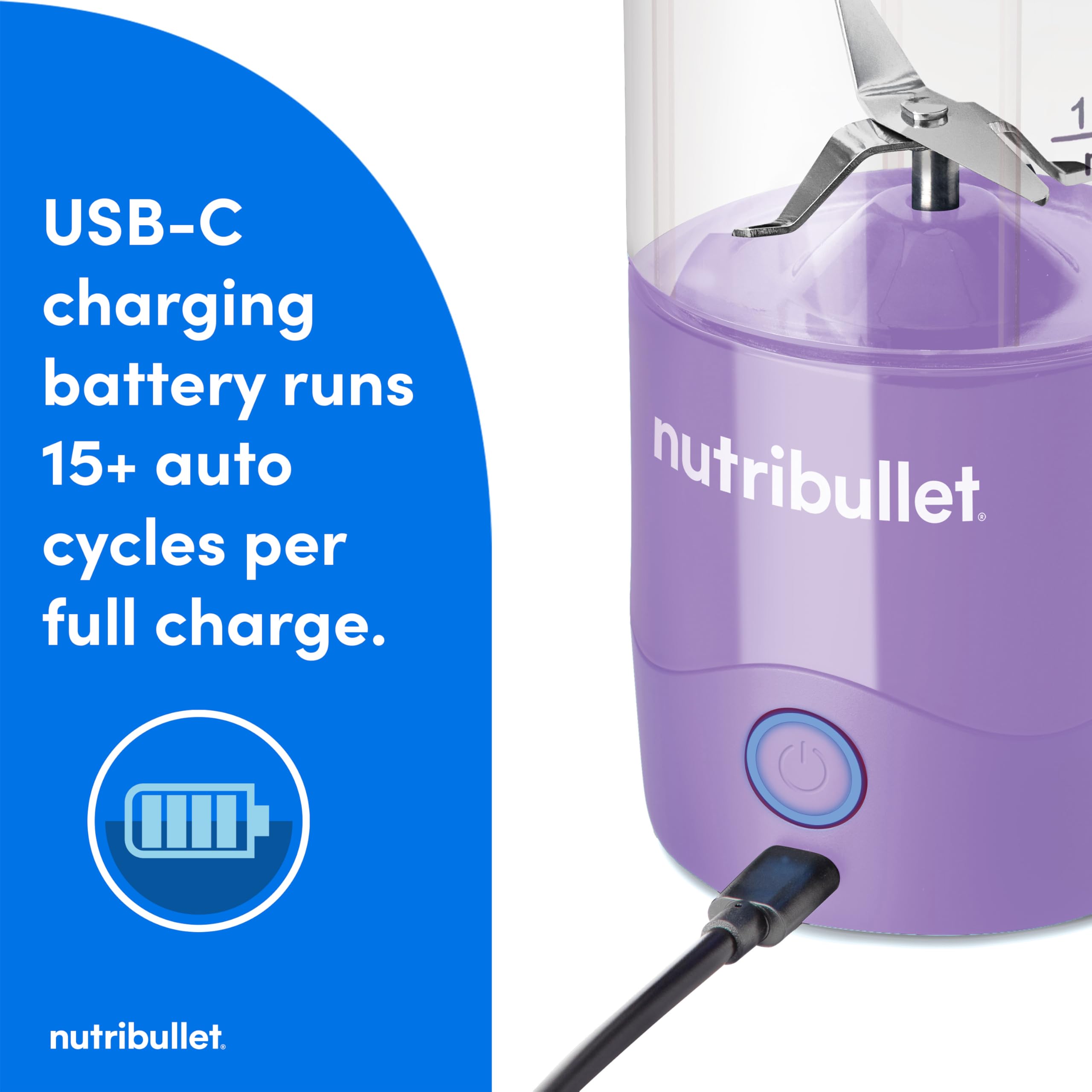 nutribullet Batidora portátil, inalámbrica, recipiente de 20 onzas, licuadora personal para batidos, recargable por USB-C, morado claro, NBPB50100LP