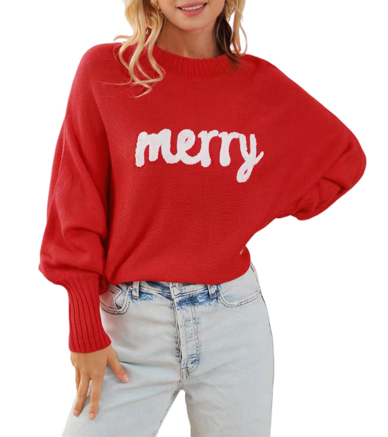 Womens Merry Christmas Sweaters Long Batwing Sleeve Sweater Loose Fit Pullover Top Sweaters
