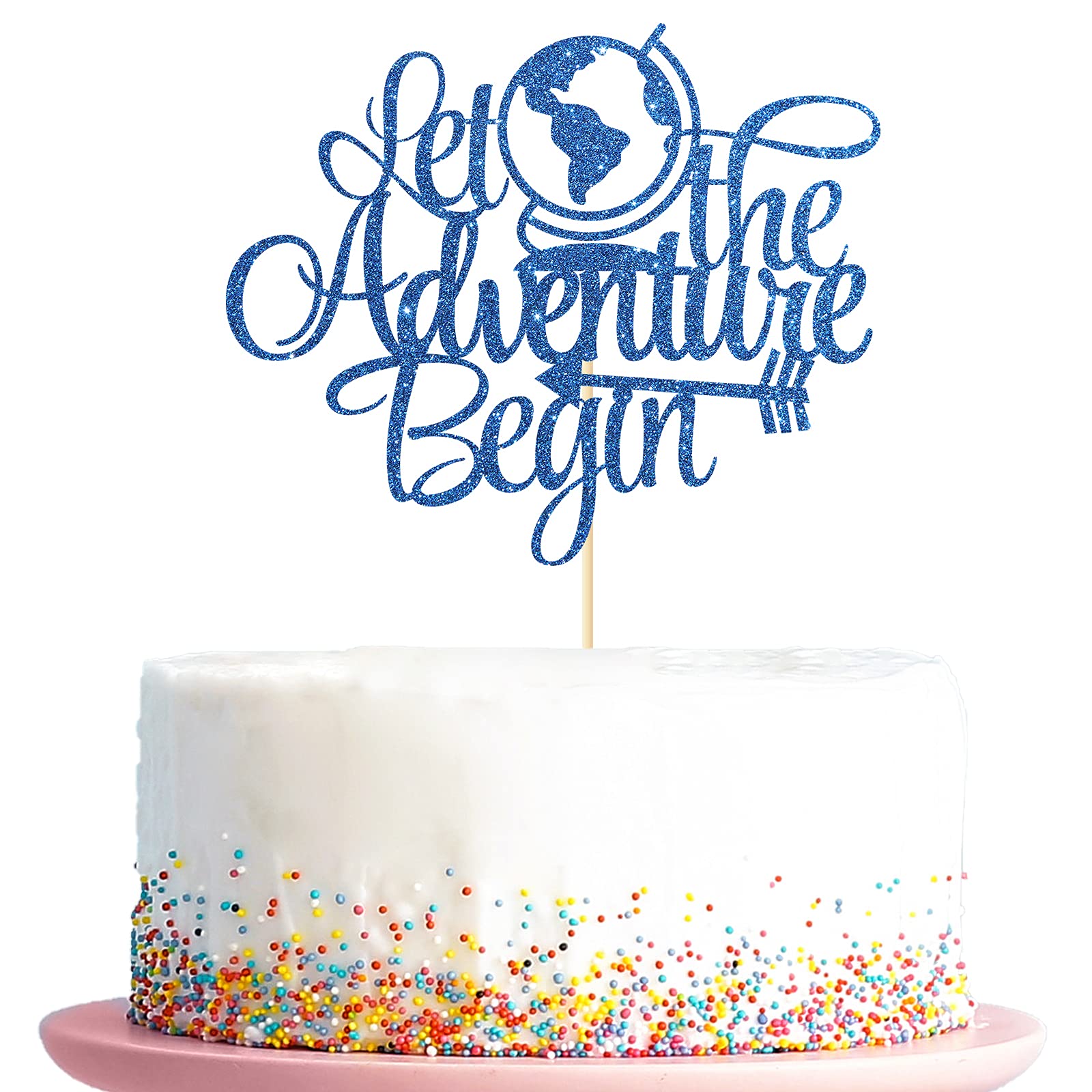 Let The Adventure Begin Cake Topper, Graduation, Farewell Party Decorations, Travel Wedding Party Supplies, Blue