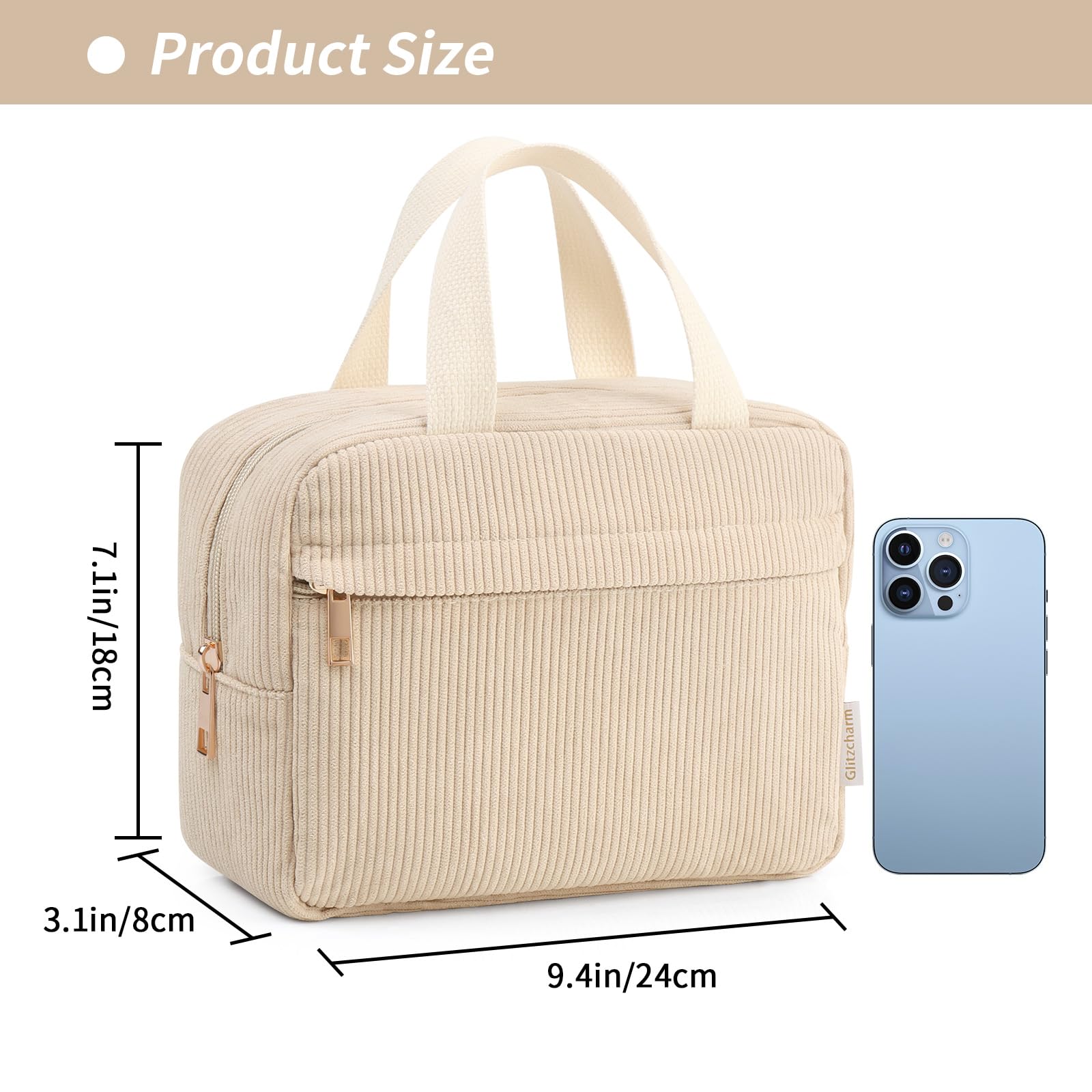 Glitzcharm Makeup Bag Corduroy Makeup Bags for Girls Women Large Makeup Pouch with Metal Zipper Cosmetic Bag for Travelling Preppy Stuff(Beige)