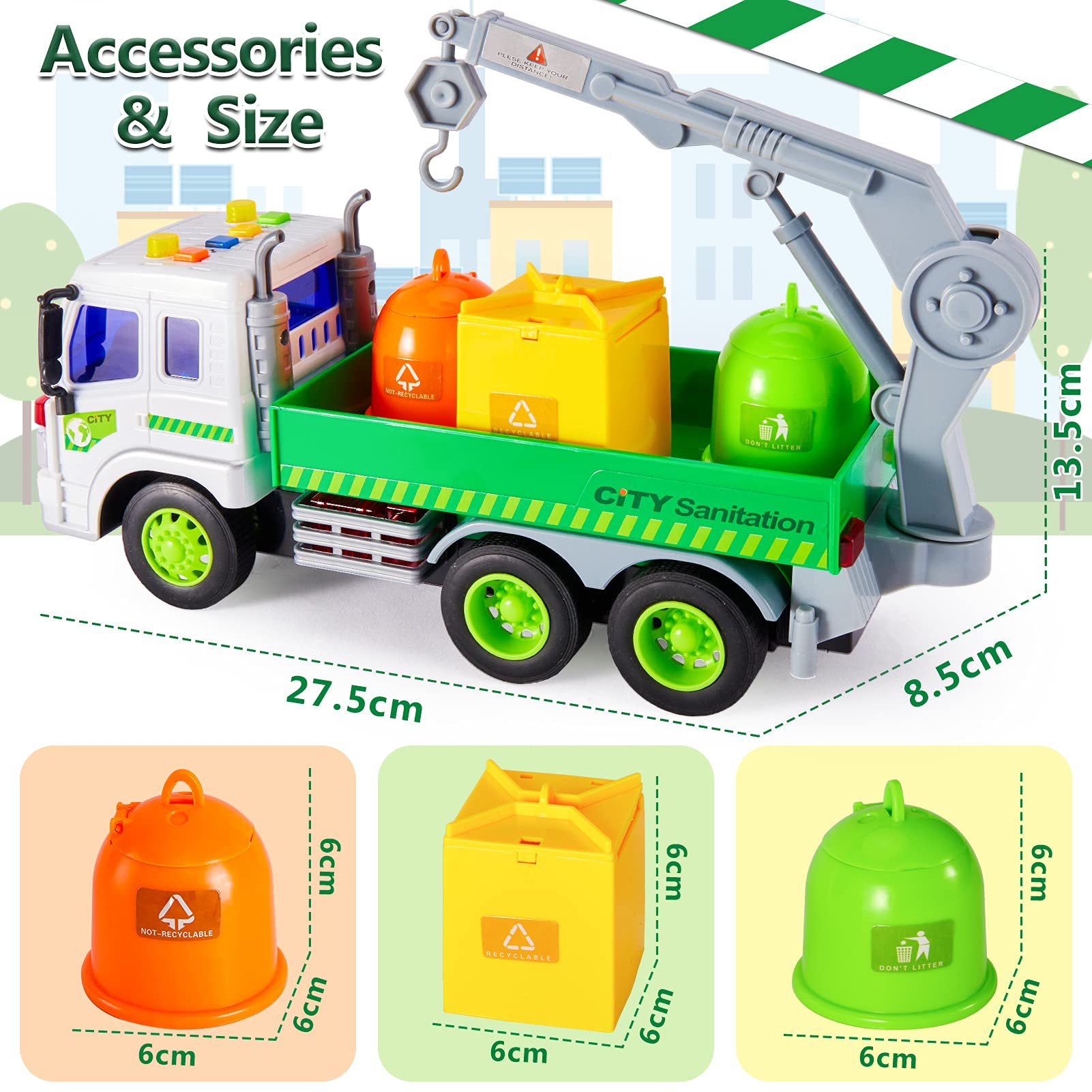 Kramow Camion Poubelle Avec Lumières Et Sons Jouet, Véhicule De Camion Alimenté Par Friction Avec 4 Poubelles, Cadeaux Pour Enfants Garçons Et Filles âgés De 3 à 6 Ans, Vert