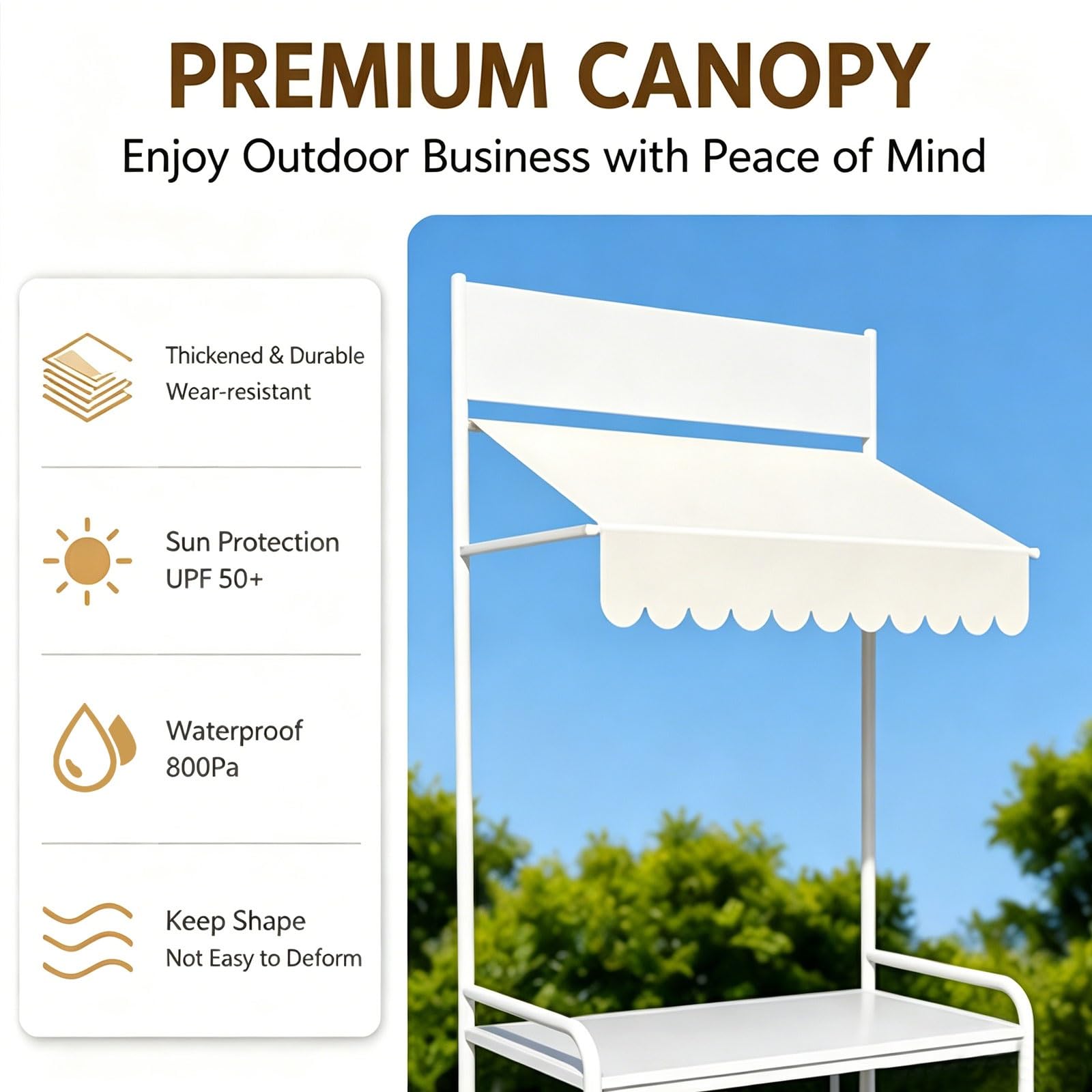 Carrello mobile dell'esposizione del mercato con il baldacchino e le ruote, scaffale portatile del fornitore per eventi, banco del mercato degli agricoltori per fiori e dessert