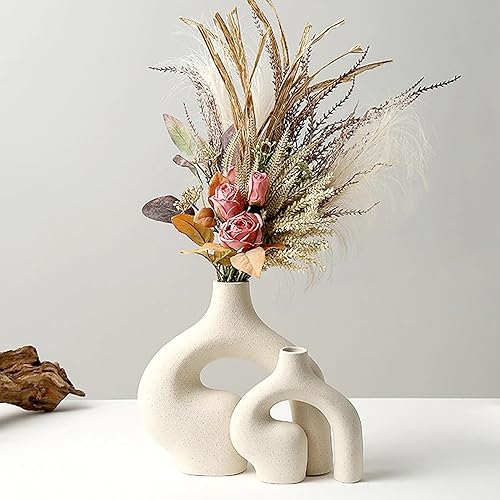 Eaaxup Juego de 2 jarrones de cerámica blanca con textura esmerilada, moderno y minimalista de abstracción, decoración para el hogar, oficina,