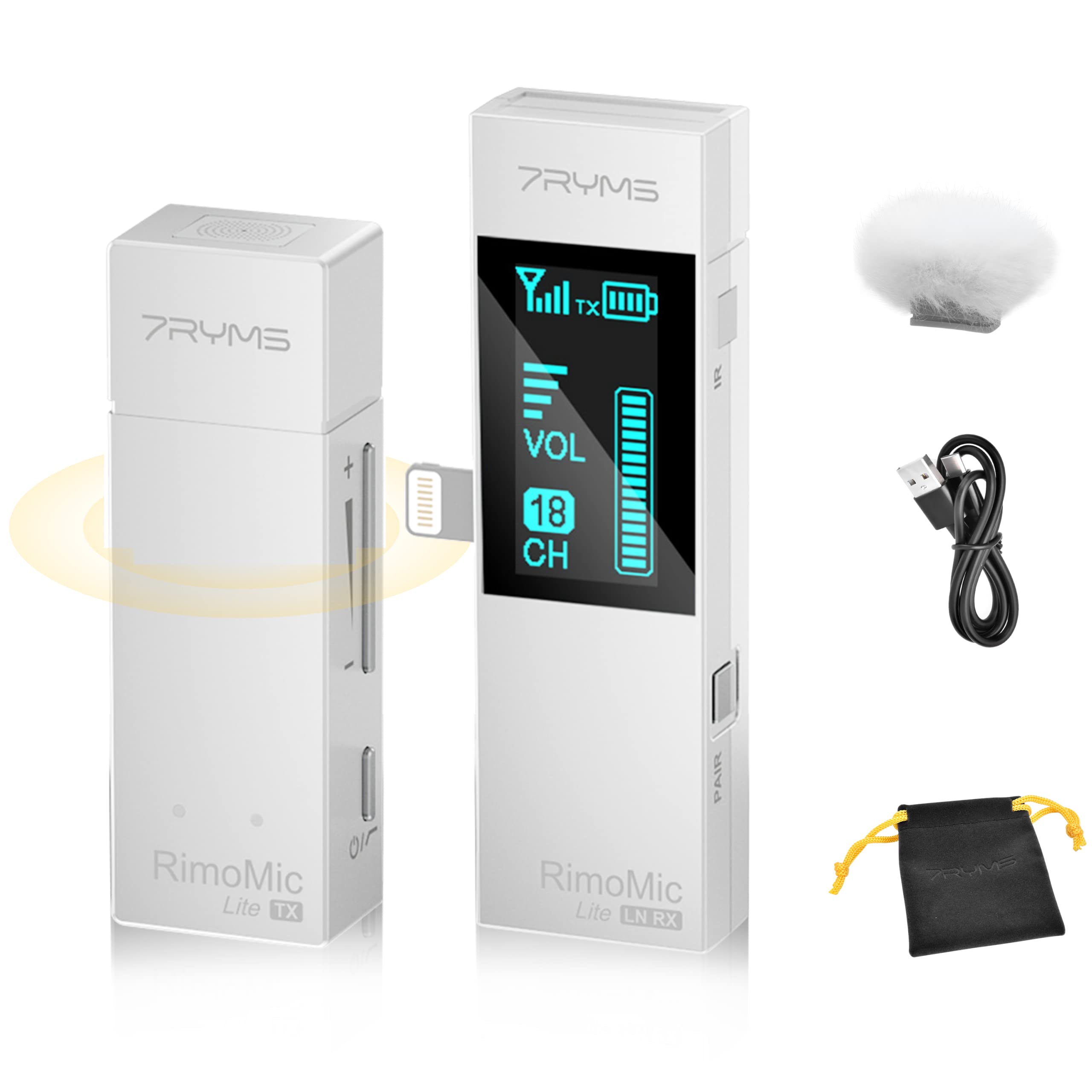 Wireless Microphone for iPhone iPad, 7RYMS RimoMic Lite LN Plug & Play Wireless Lavalier Lapel Micro