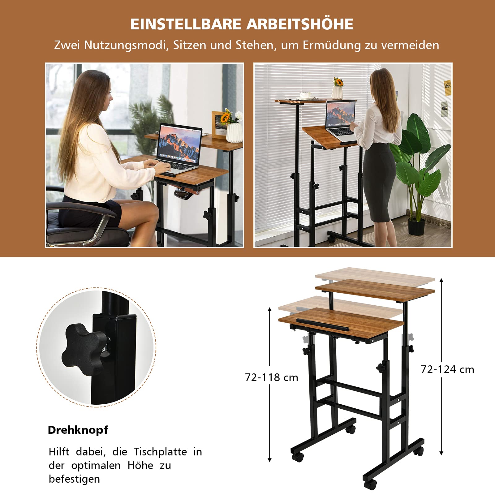 COSTWAY Biurko stojące na kółkach z regulacją wysokości, mobilne biurko stojące z 2-stopniowym miejscem do pracy przy komputerze, stolik do laptopa, stolik stojący, stacja robocza do domu, biura